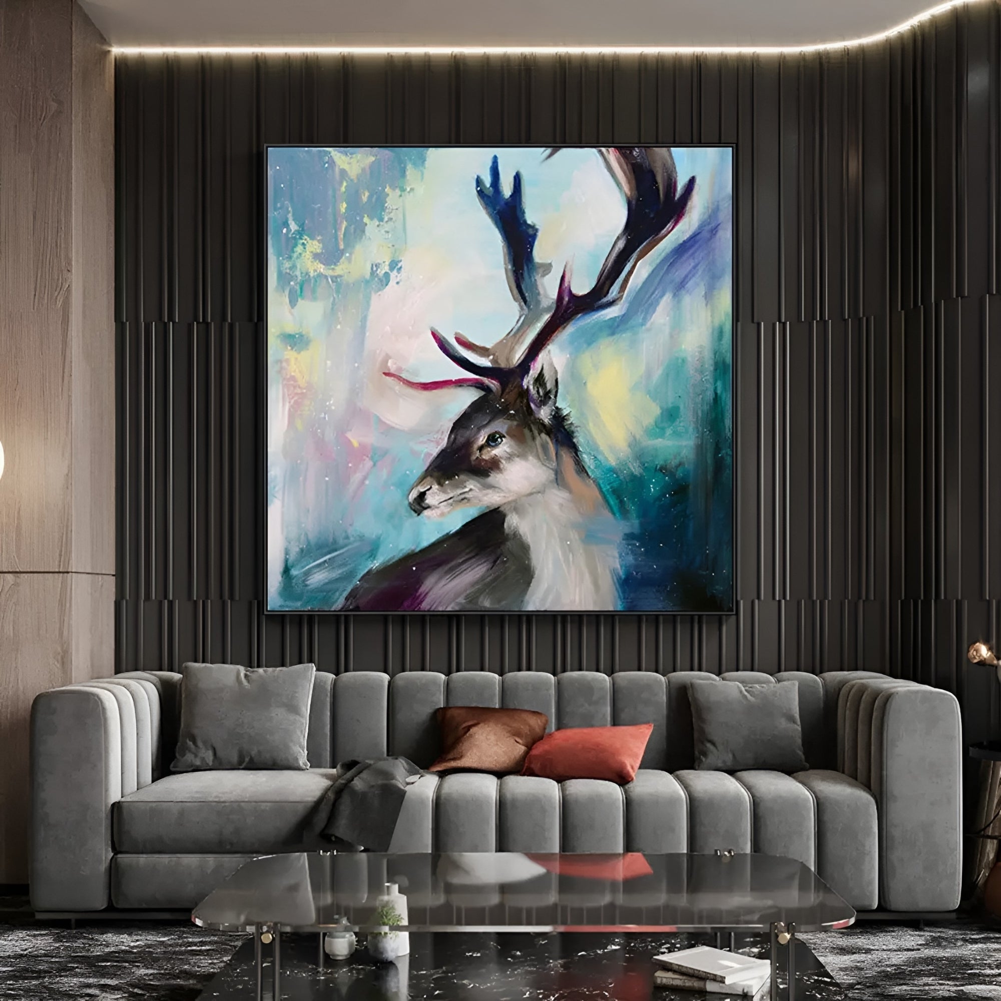 Bold and expressive reindeer wall art, ideal for adding warmth and personality to any modern lounge or hallway.