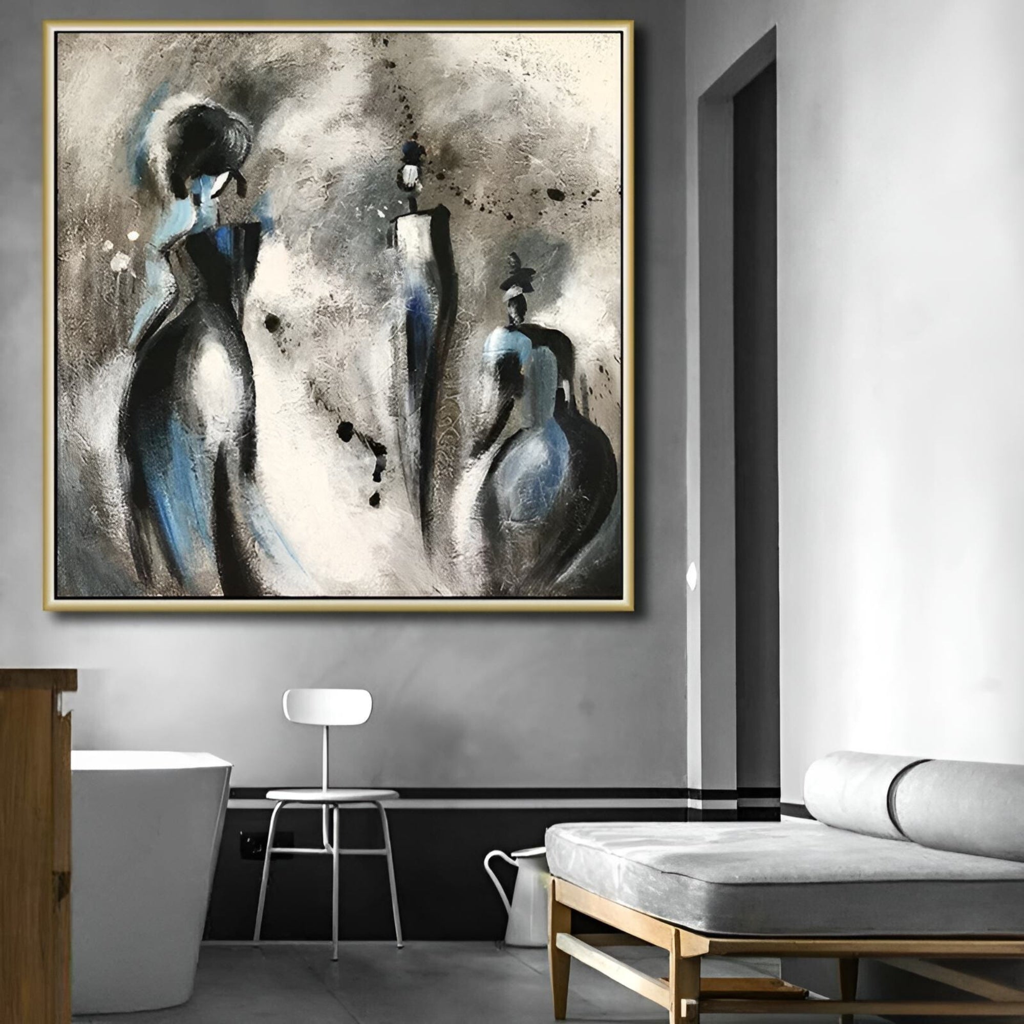 This textured black and blue painting enhances minimalist interiors with a bold statement.