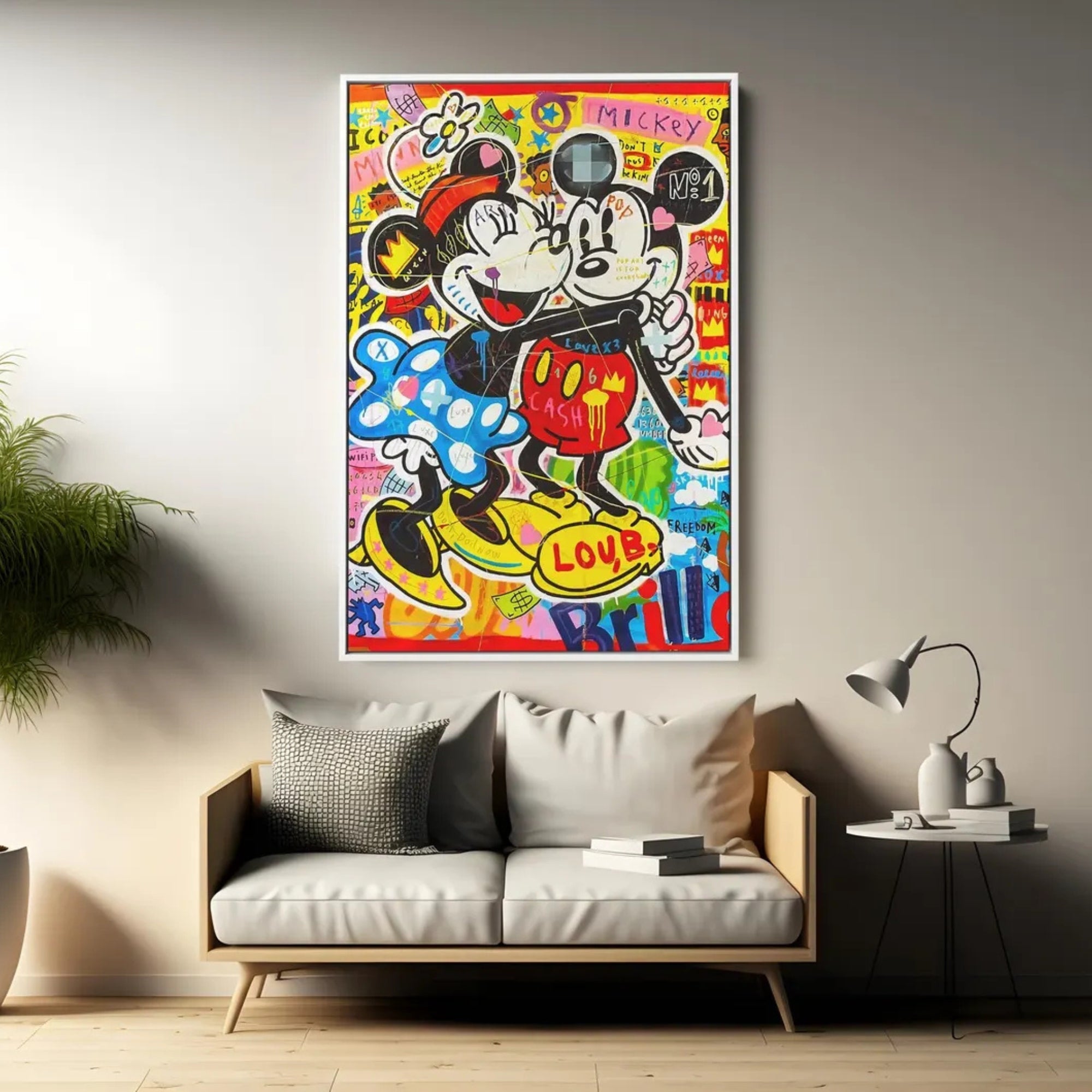 Large luxury pop art canvas with Mickey and Minnie Mouse, blending street art graffiti and designer fashion culture.