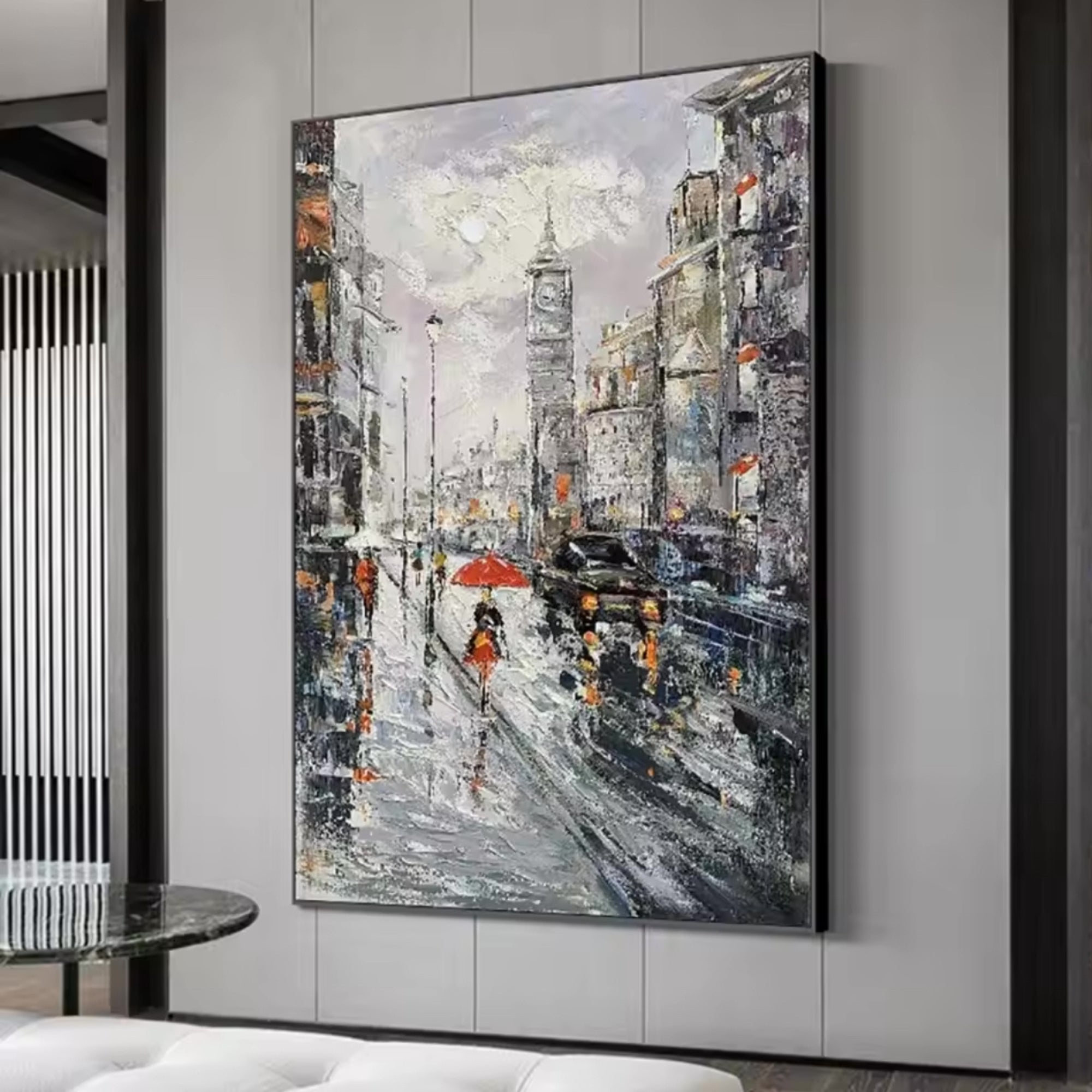 Urban London cityscape oil painting, handcrafted and perfect for cozy reading nooks or traditional office décor.