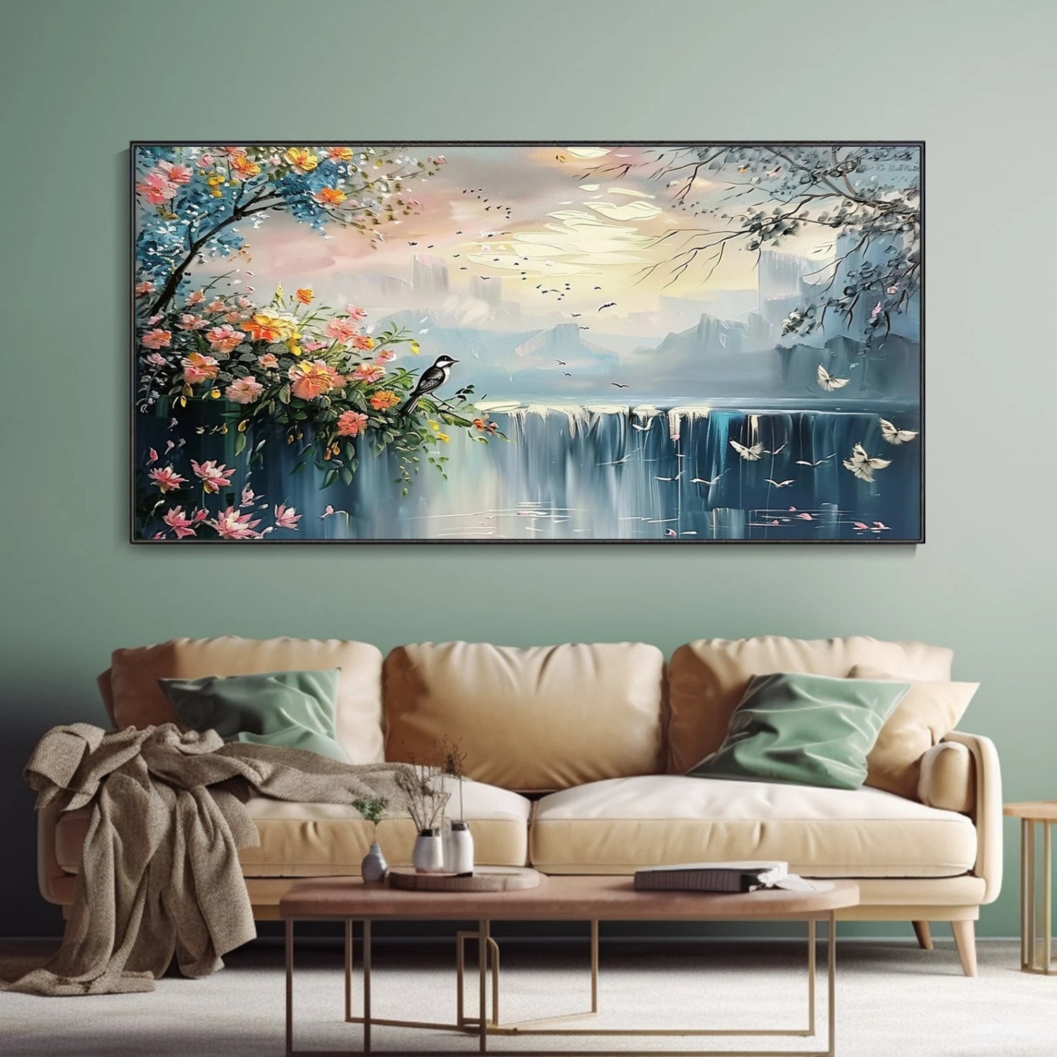 Modern nature-inspired oil painting featuring a peaceful waterfall, vibrant florals, and birds. Handmade canvas art for stylish interiors.