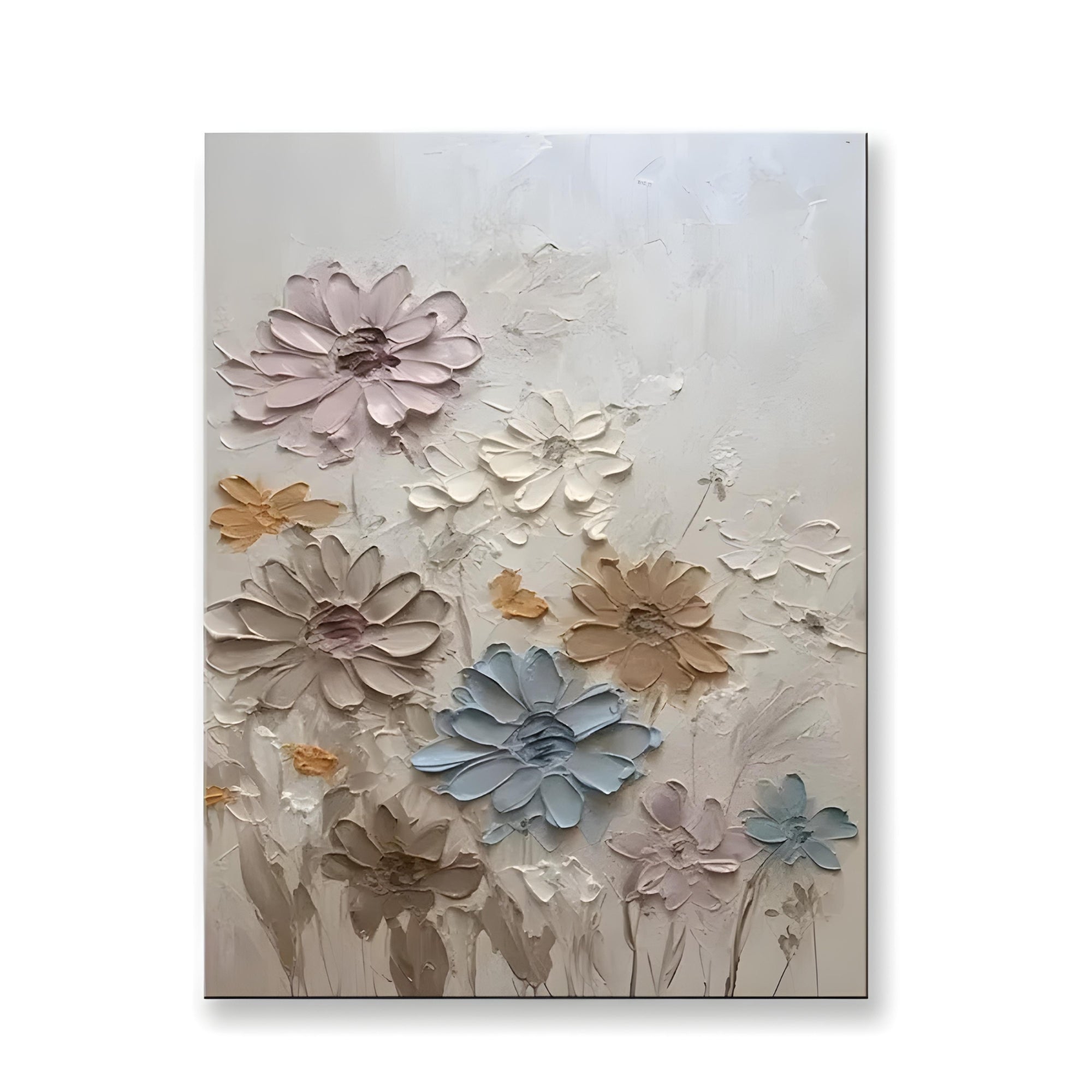 Close-up of textured floral oil painting with pastel petals, showcasing brushwork perfect for modern decor themes.