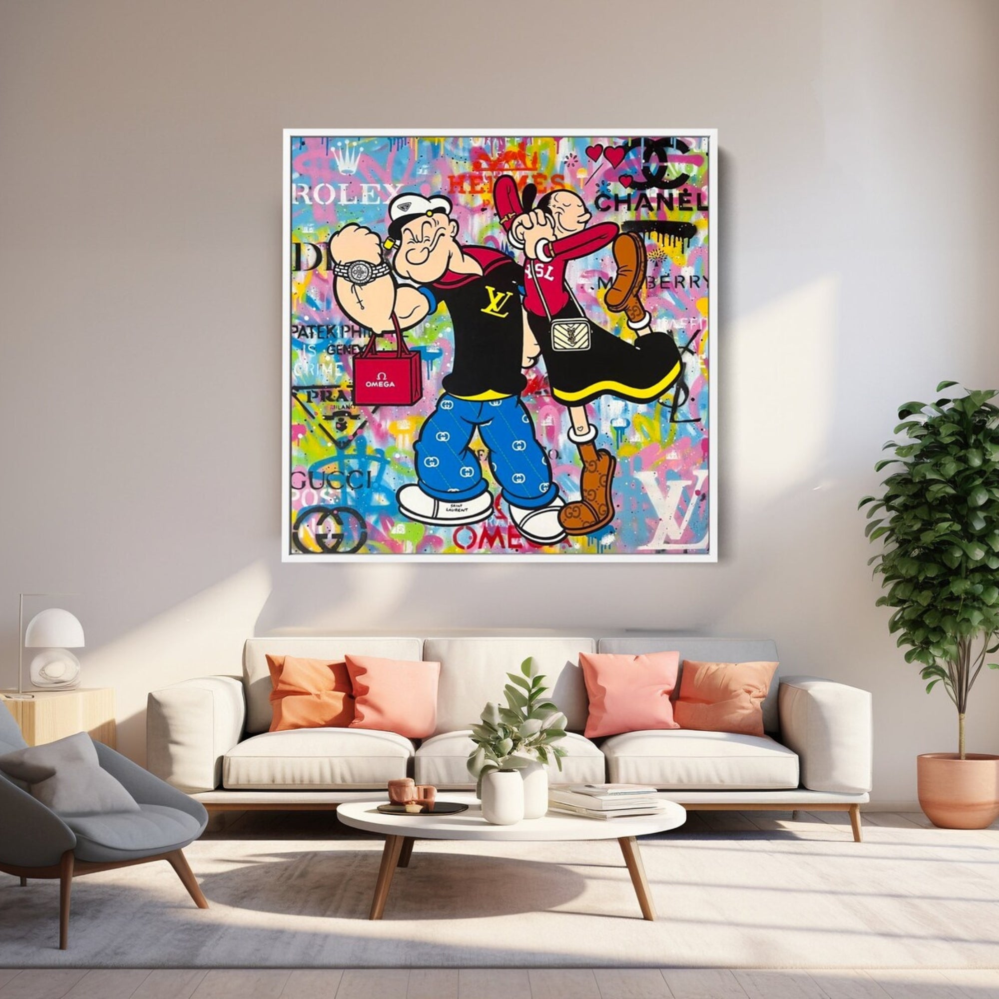 Colorful graffiti-style painting of Popeye and Olive Oyl dressed in high-fashion streetwear, featuring luxury brand logos.