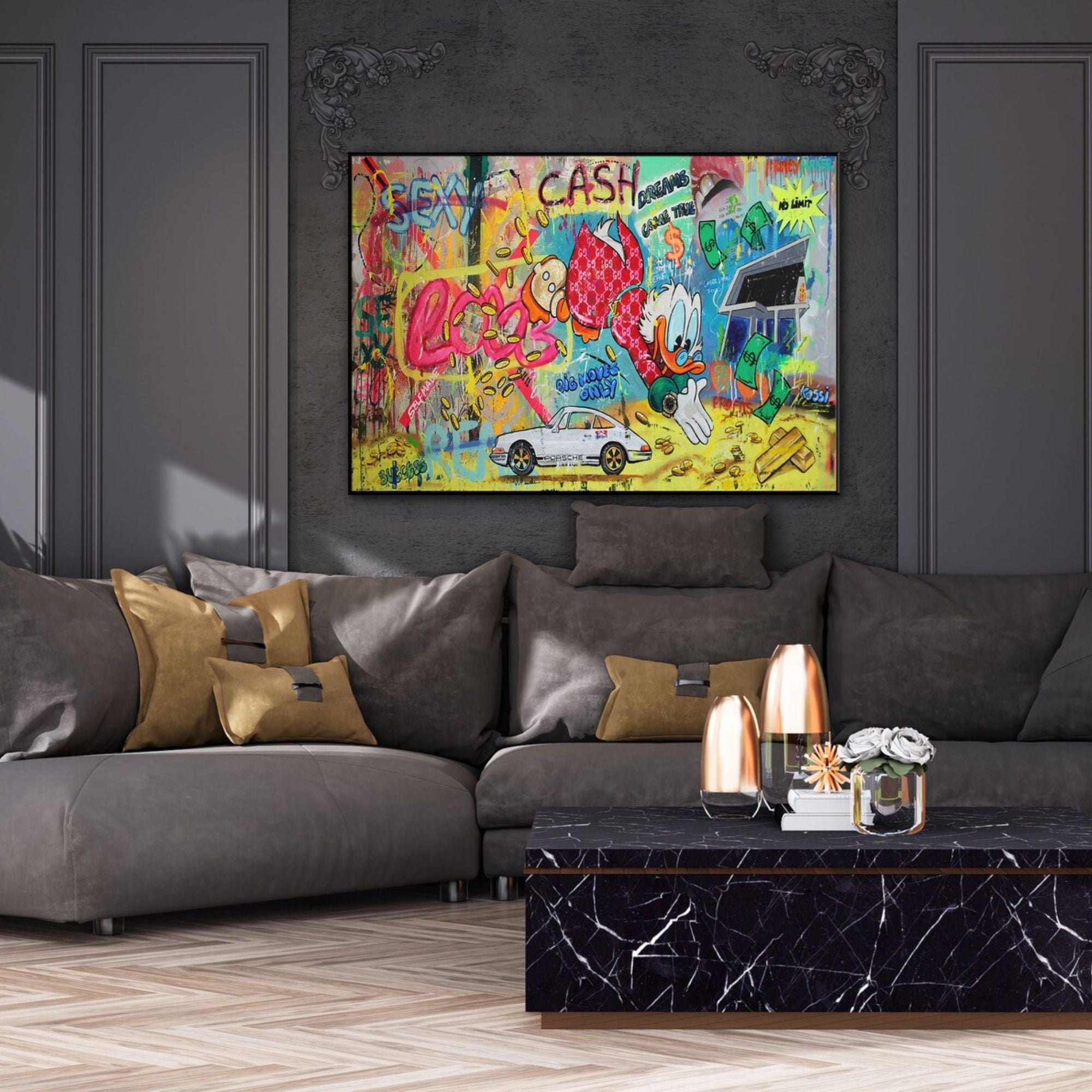 High-energy urban wall art with striking visual elements of cash, cars, and comic-style characters. A must-have for those who appreciate edgy, statement-making artwork with a street culture vibe.