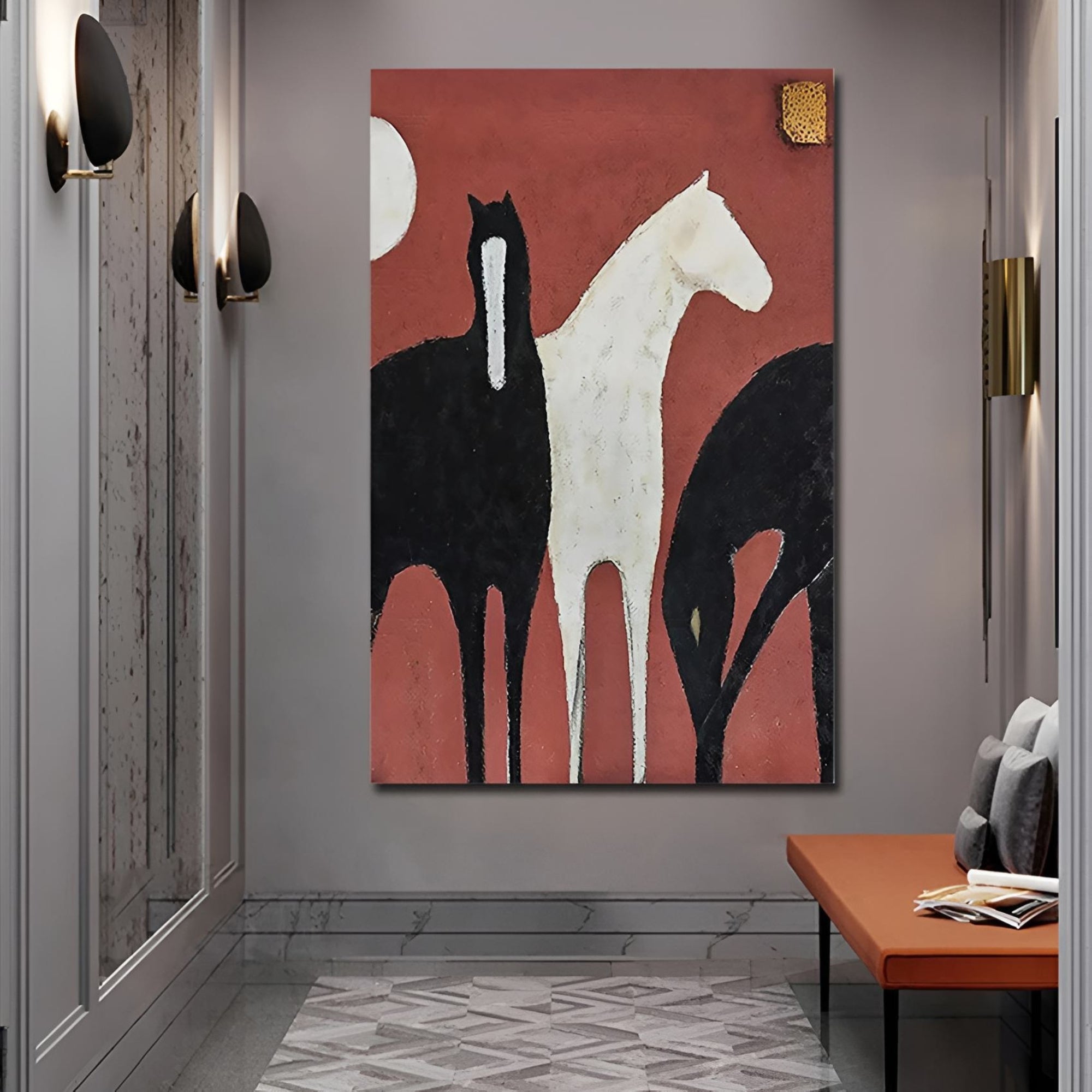 Contemporary handmade oil painting of horses with bold colors, fitting for eclectic interiors, offices, or small galleries.