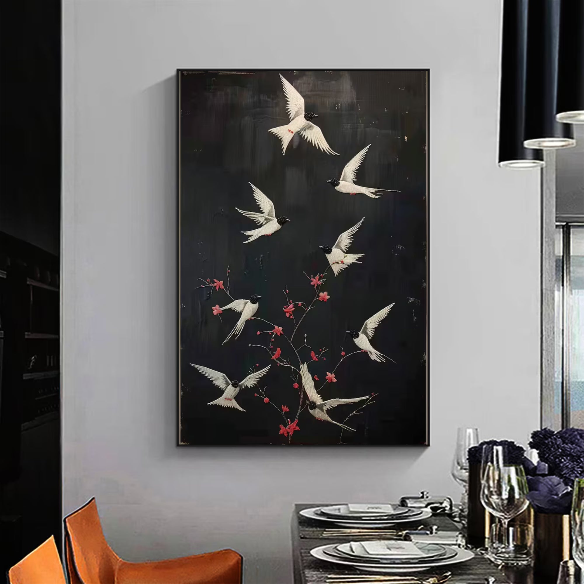 Dark-themed handmade bird painting, a striking fit for contemporary or Japandi-style rooms.