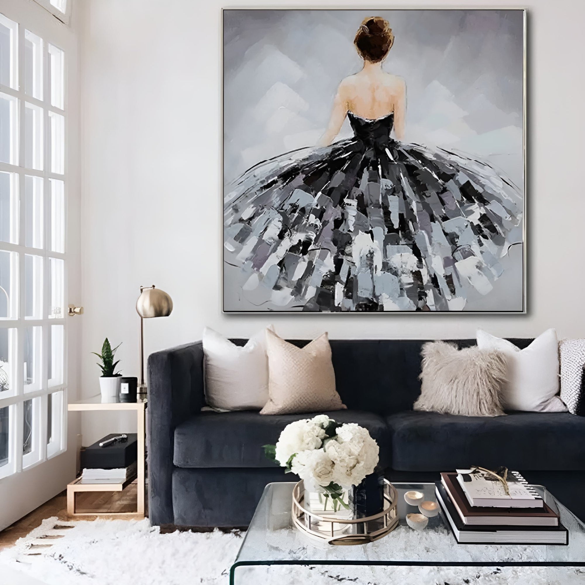 Handmade oil painting of a woman in a flowing dress, perfect for a refined hallway or dressing area.