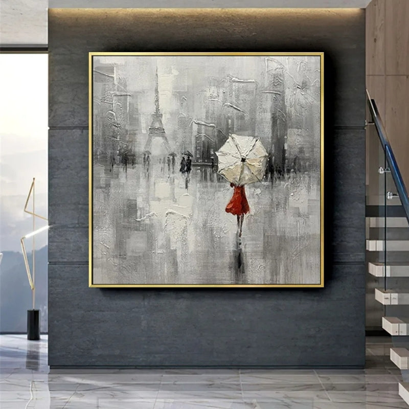Handmade oil painting of a woman in red with umbrella, ideal for modern living rooms or cozy cafes.