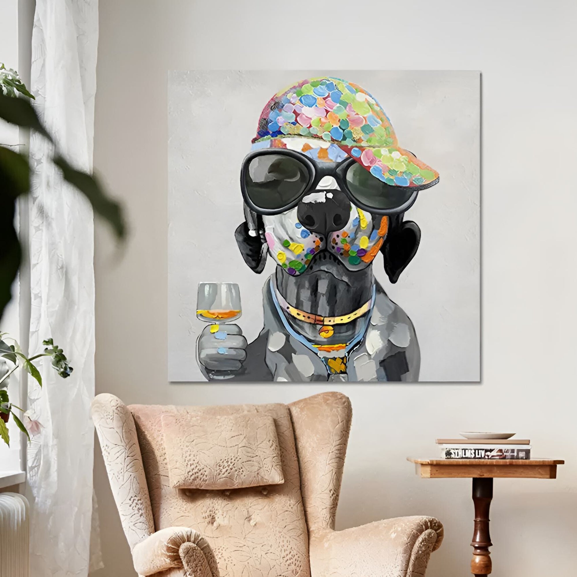 Cheerful handmade oil painting of a dog with a glass, fitting for dining areas, contemporary homes, or boutique shops.