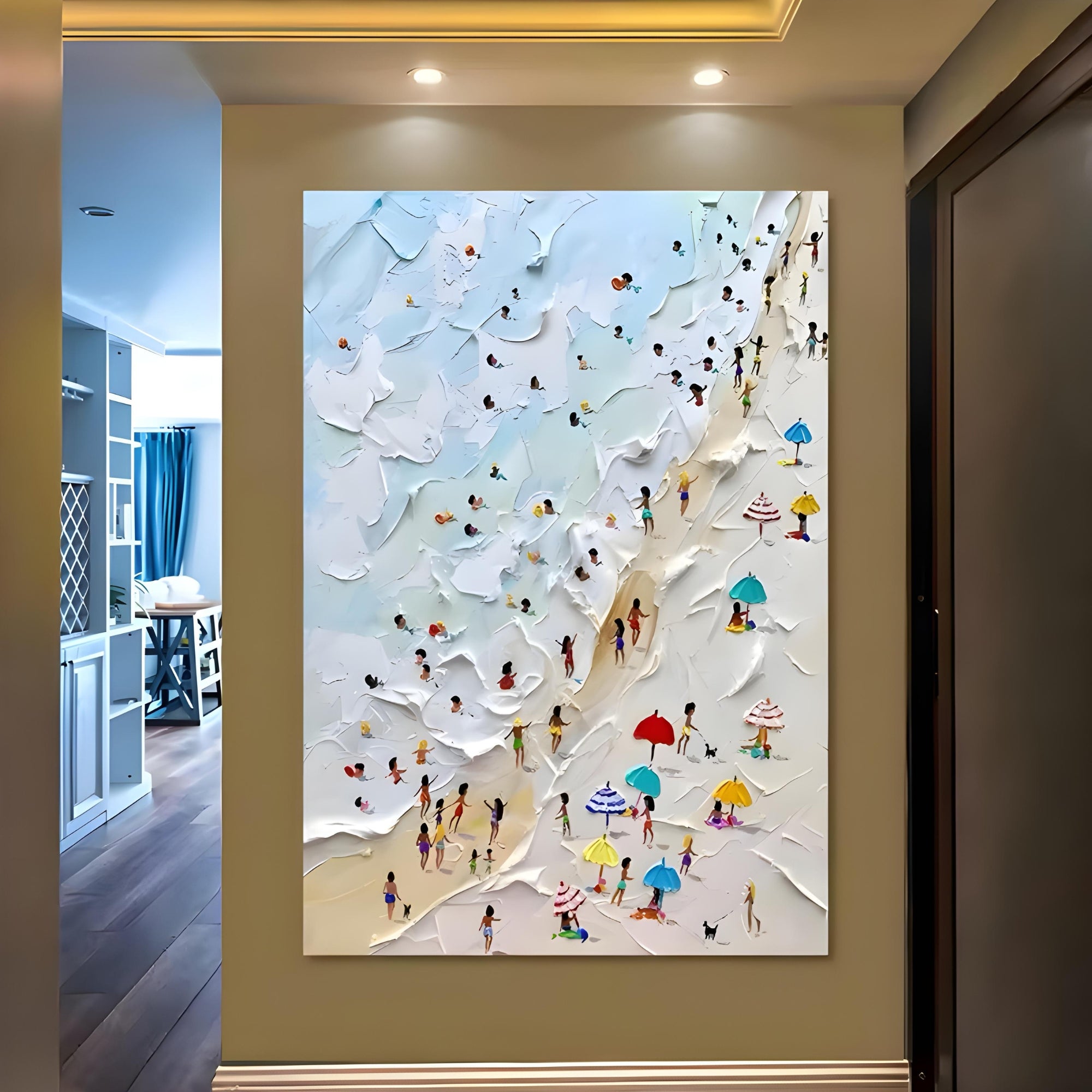 Oil painting of a crowded beach day with textured waves, ideal for coastal offices, summer cafés, or beachfront resorts.