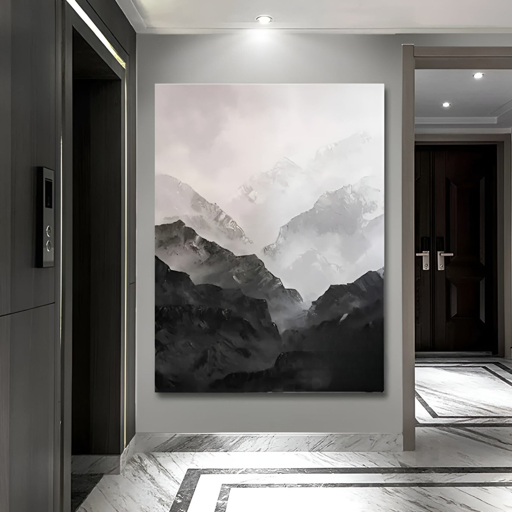 Textured oil painting of mountains in mist, fitting for contemporary apartments, creative studios, or hallways.
