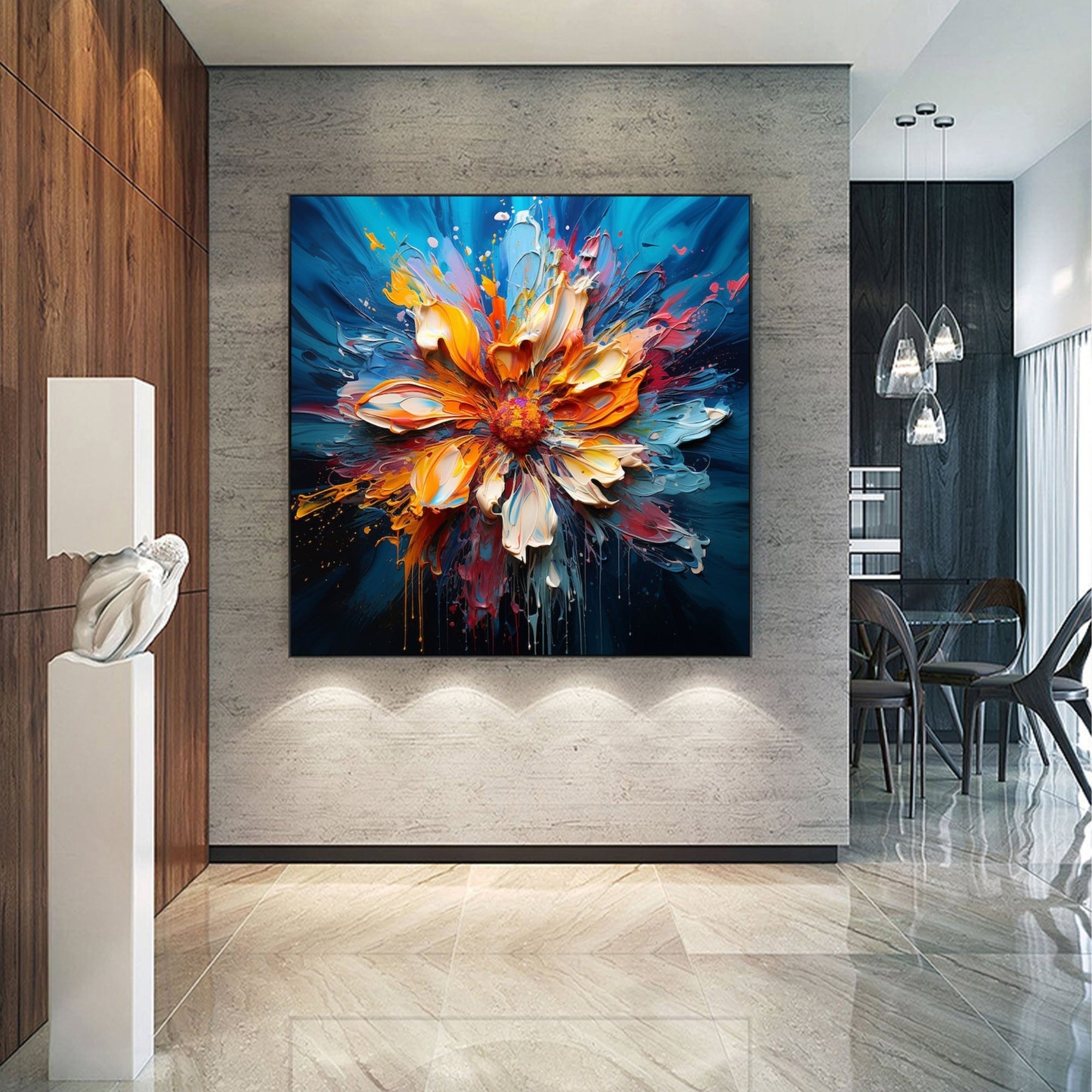 Dynamic impasto-style artwork of a blooming flower in motion, framed above a black sideboard and modern decor.