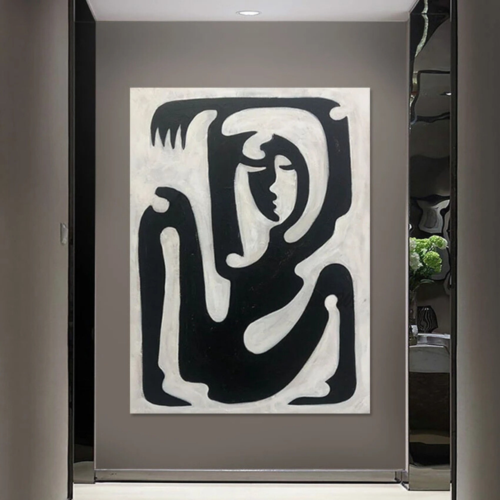 Monochrome modern art piece, handmade with expressive lines—perfect for entryways or creative workspaces.