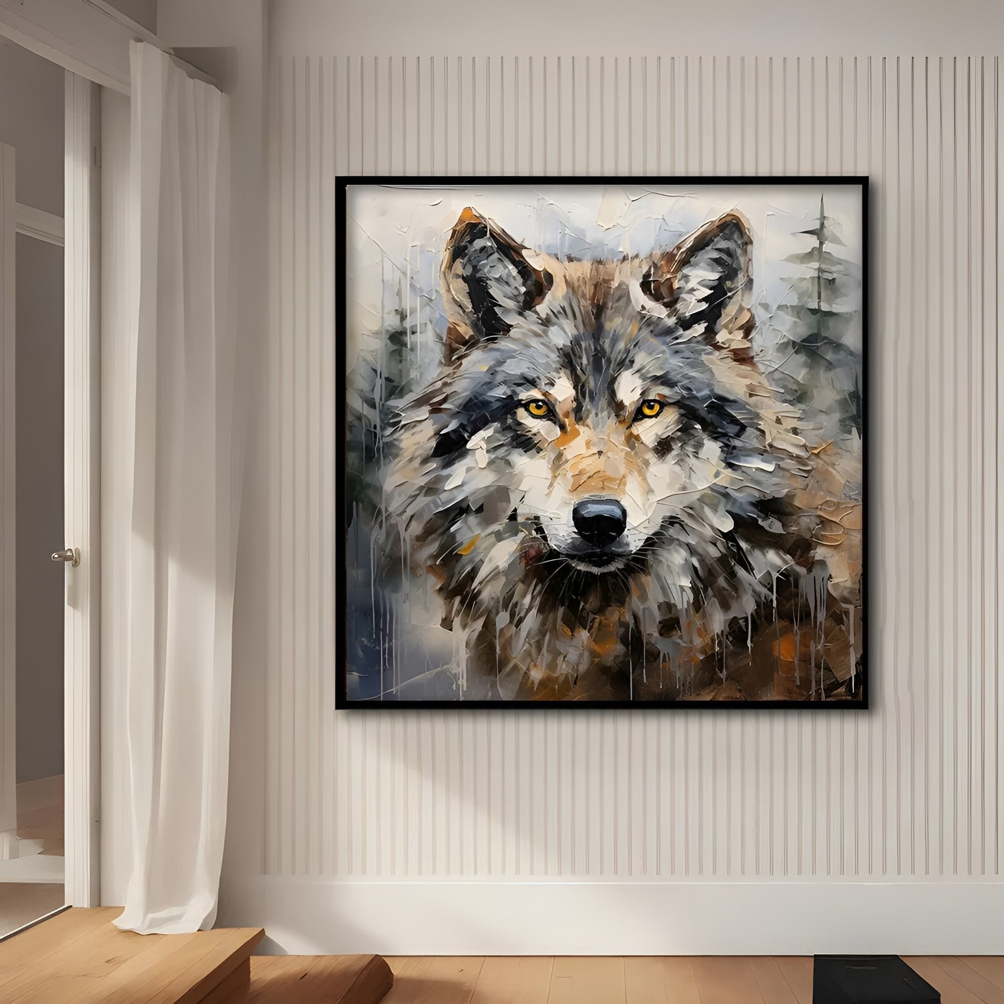 Majestic handmade wolf oil painting in earthy tones, a striking centerpiece for living room or office walls.