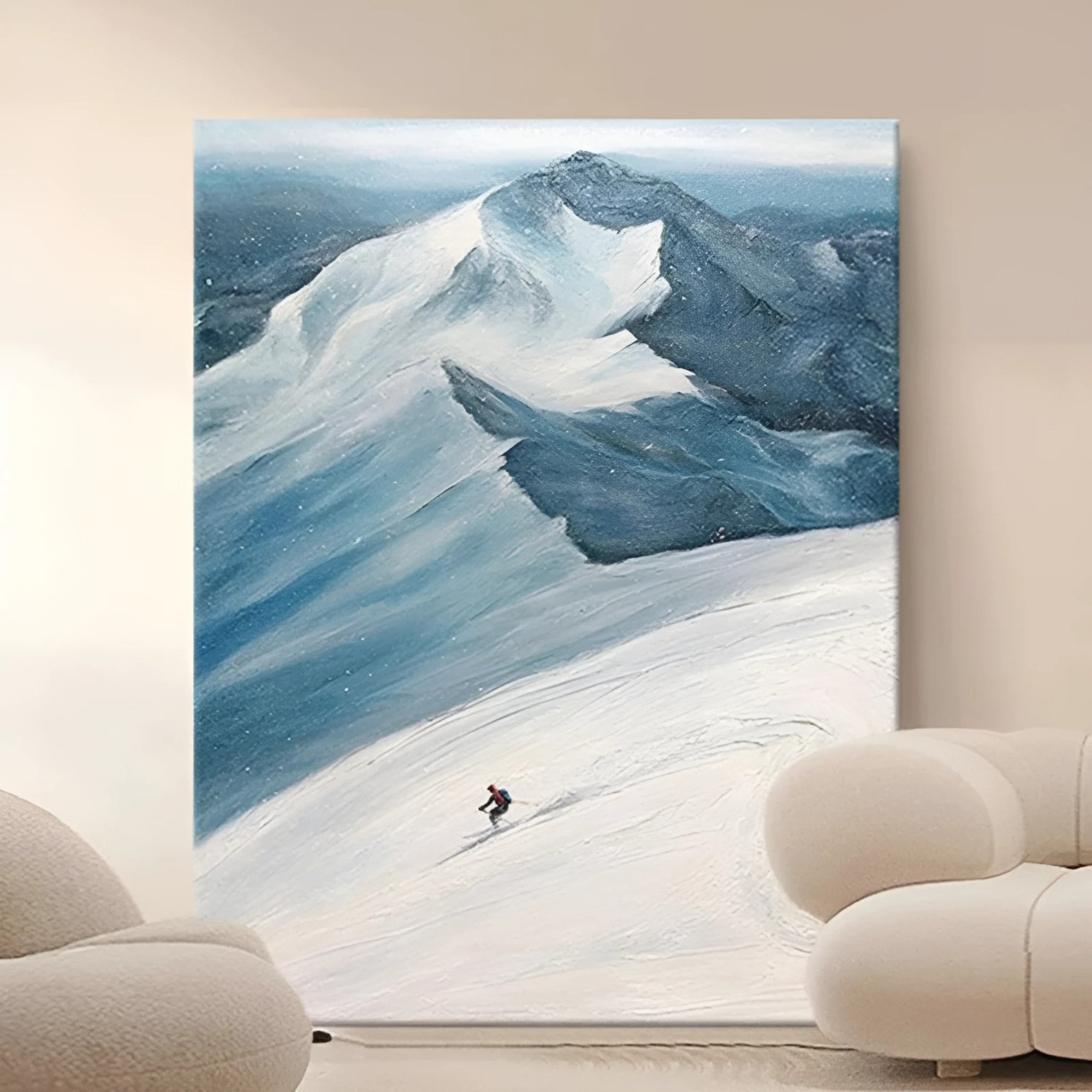 Snowy mountain landscape oil painting, ideal wall art for reading nooks or modern rustic interiors