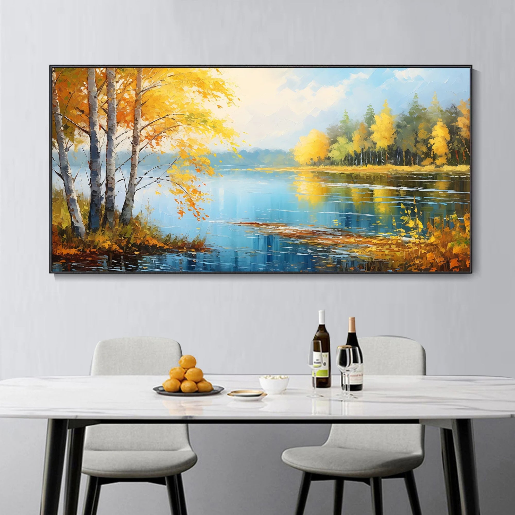 Large autumn tree and lake painting for stylish interior wall decoration