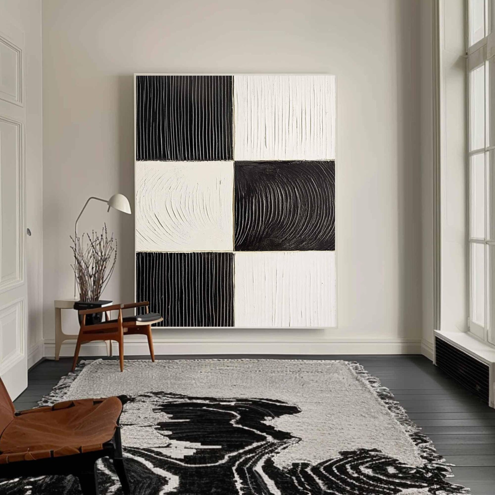 Textured checkerboard wall art in neutral tones – Bold contrast and raised brush patterns make this piece perfect for contemporary or industrial spaces.