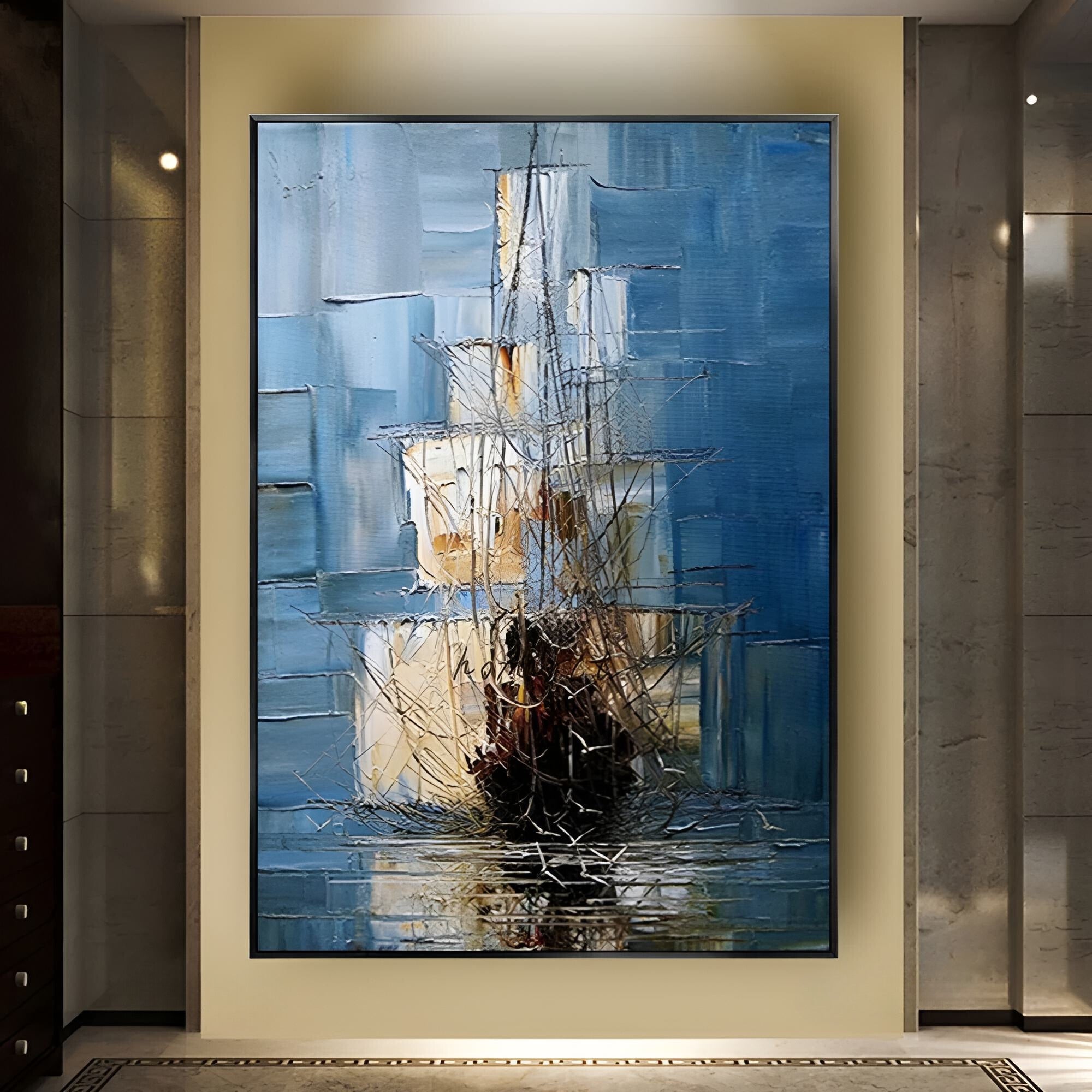 Striking tall ship wall art, handmade with texture, perfect for sea lovers’ dens or vacation homes.