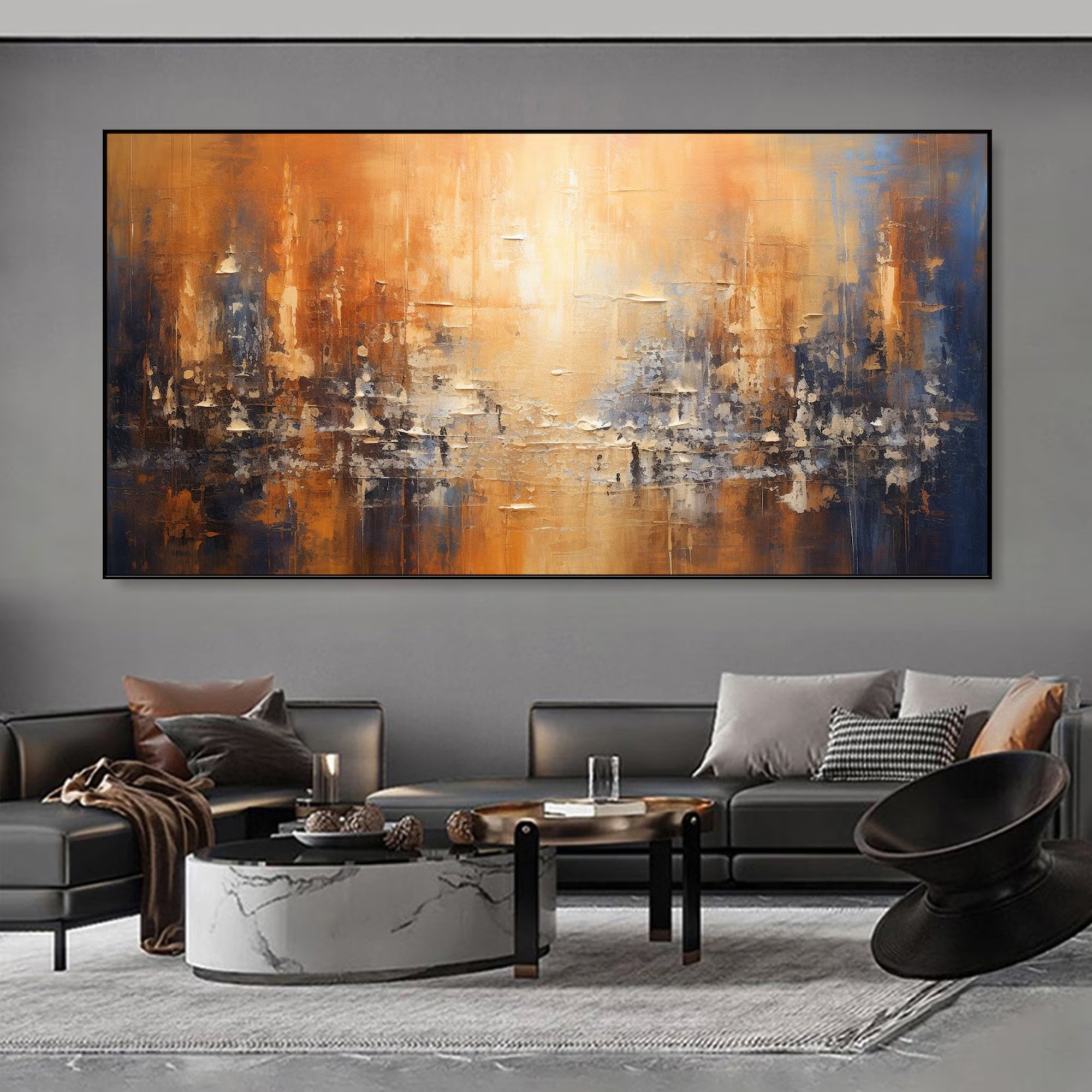 Urban abstraction in gold and blue – A richly textured painting that adds depth and sophistication with its abstract interpretation of a cityscape. Complements neutral-toned interiors, especially in dining rooms, reception areas, or stylish studios.