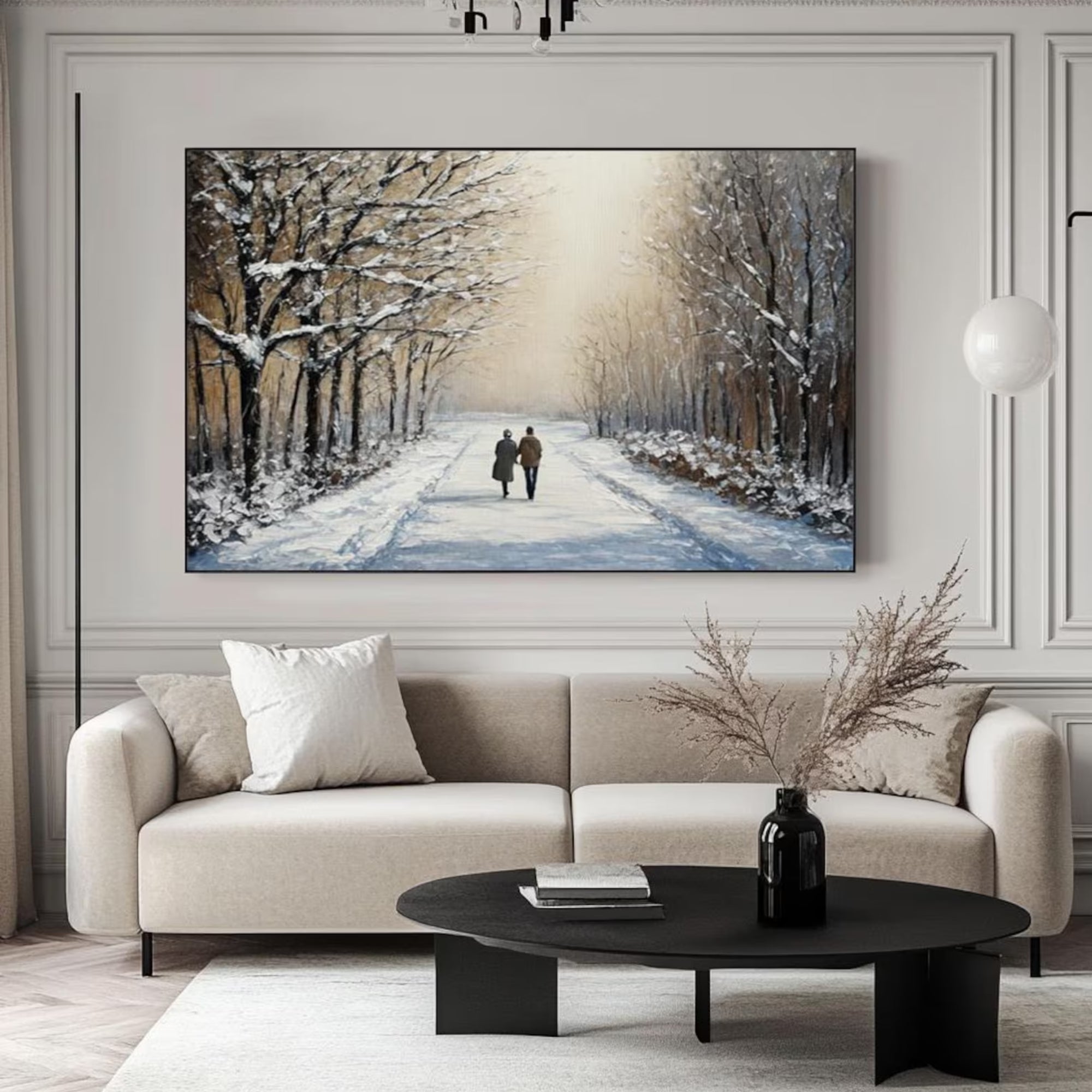 Hand-painted winter landscape with walking couple, perfect for warm dining rooms or minimalist bedroom decor
