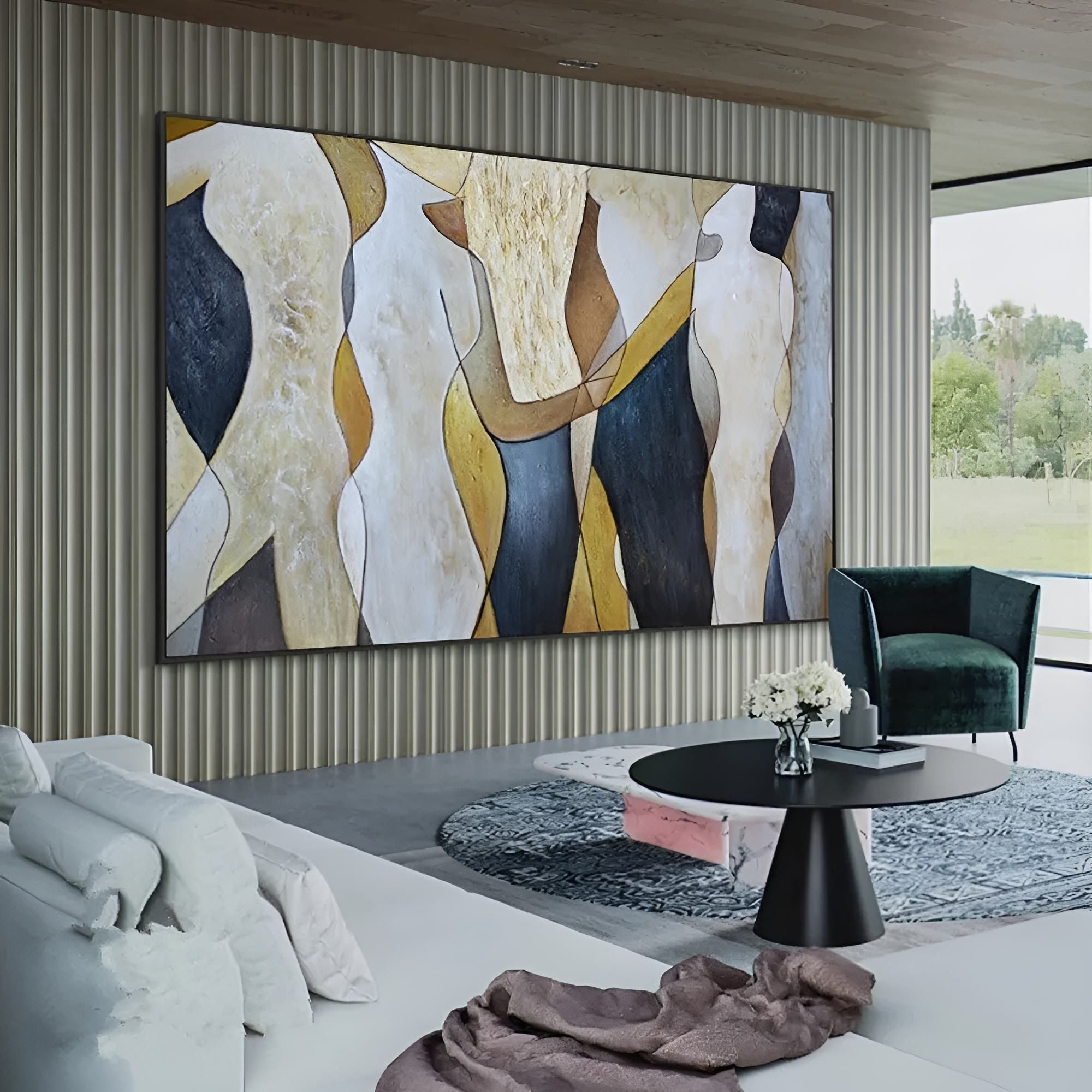 Flowing abstract handmade oil painting in neutral hues, ideal for creative office spaces or modern apartment interiors.