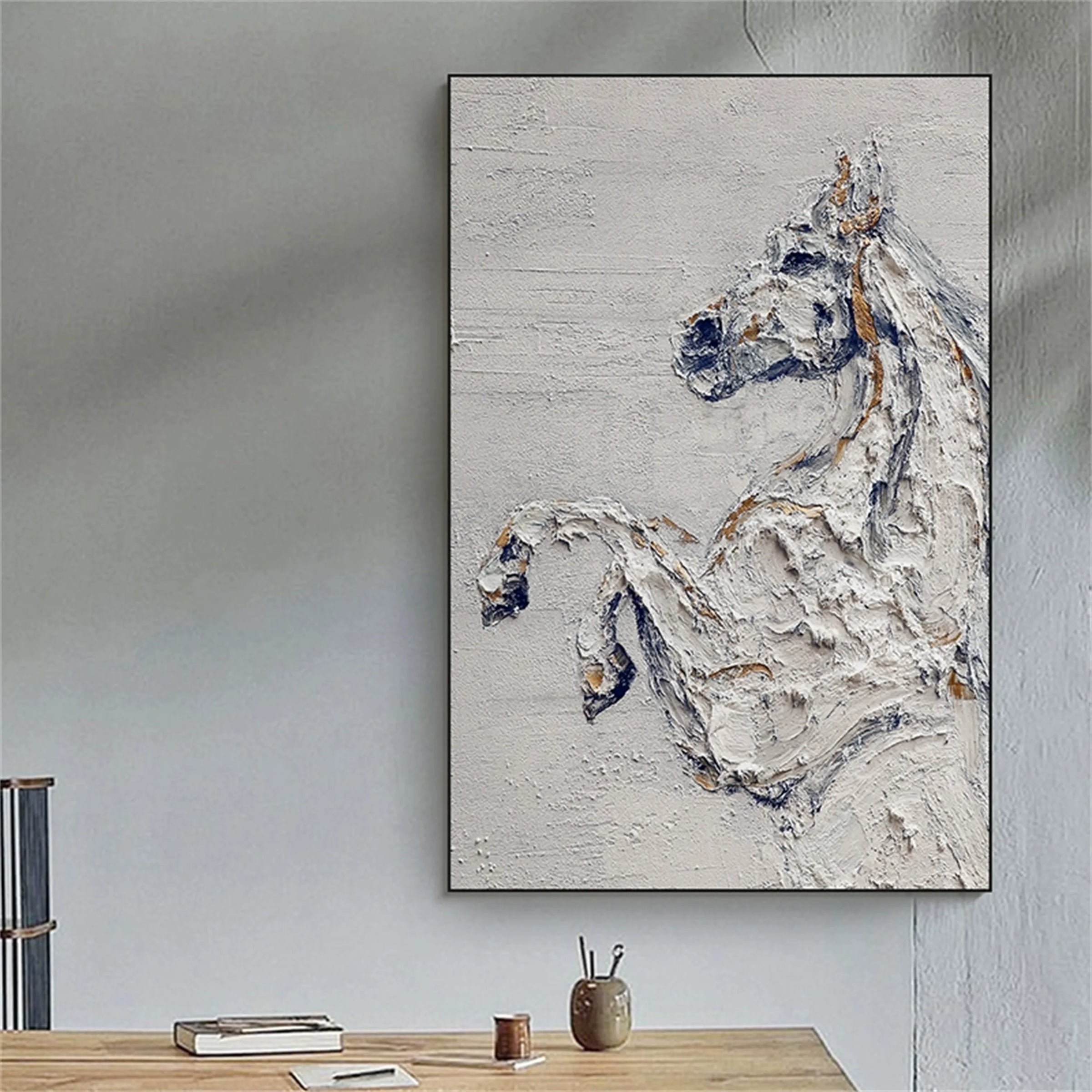 A charming textured canvas of a horse, ideal for nature-inspired or boho spaces.