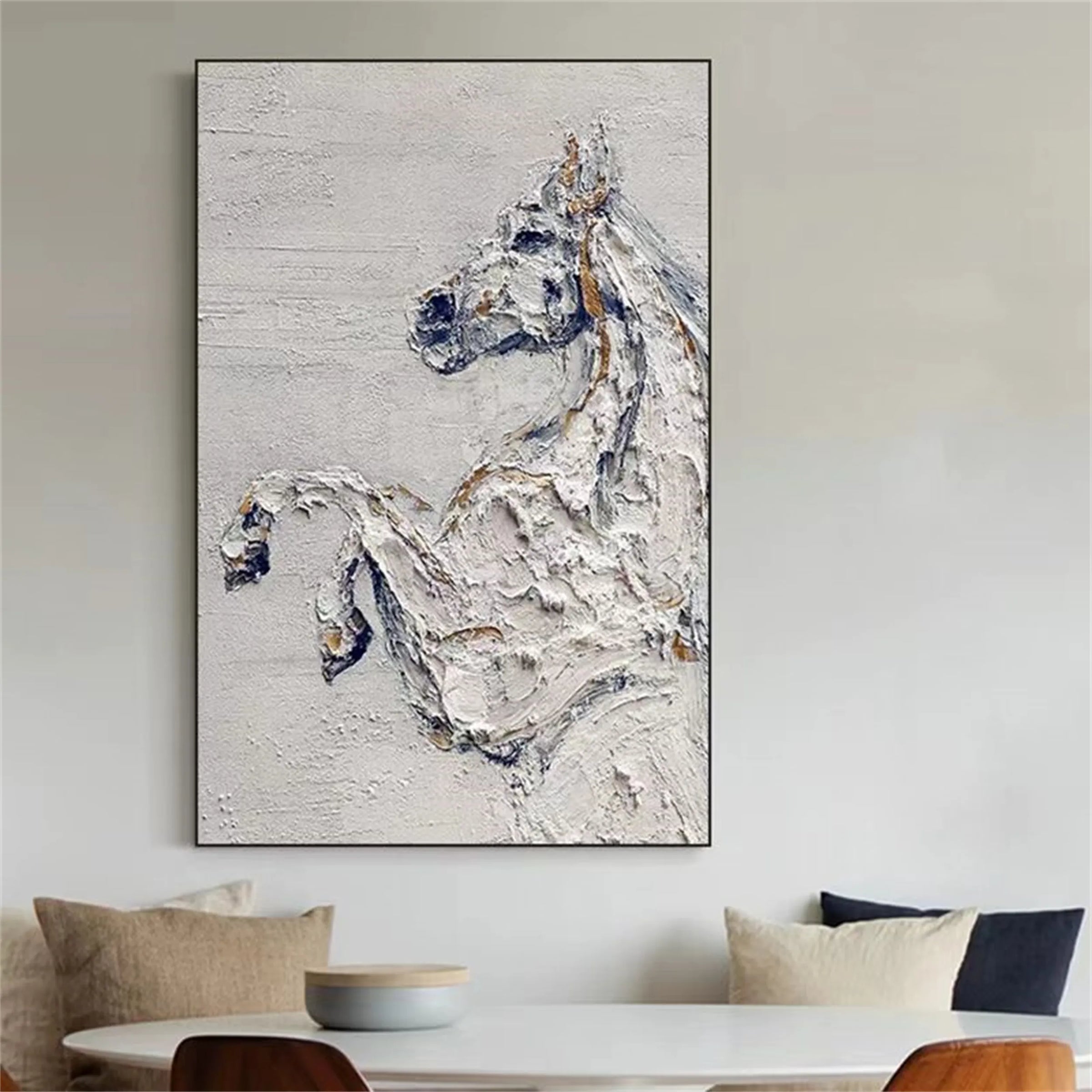 A bold, tactile horse portrait perfect for cozy nooks or artistic kitchen corners