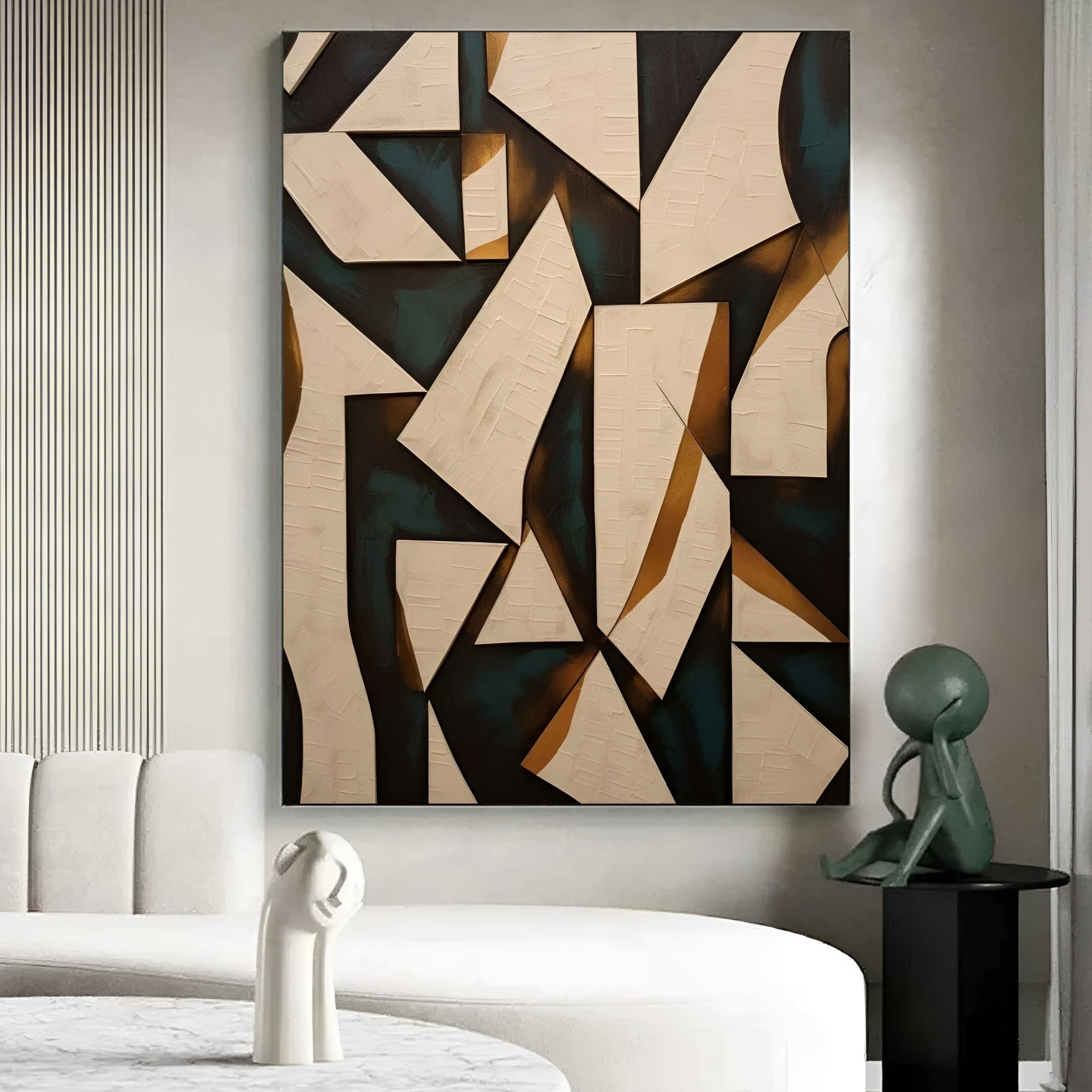 Gallery-style abstract canvas painting with striking geometric designs in neutral and gold tones, a statement piece for interiors