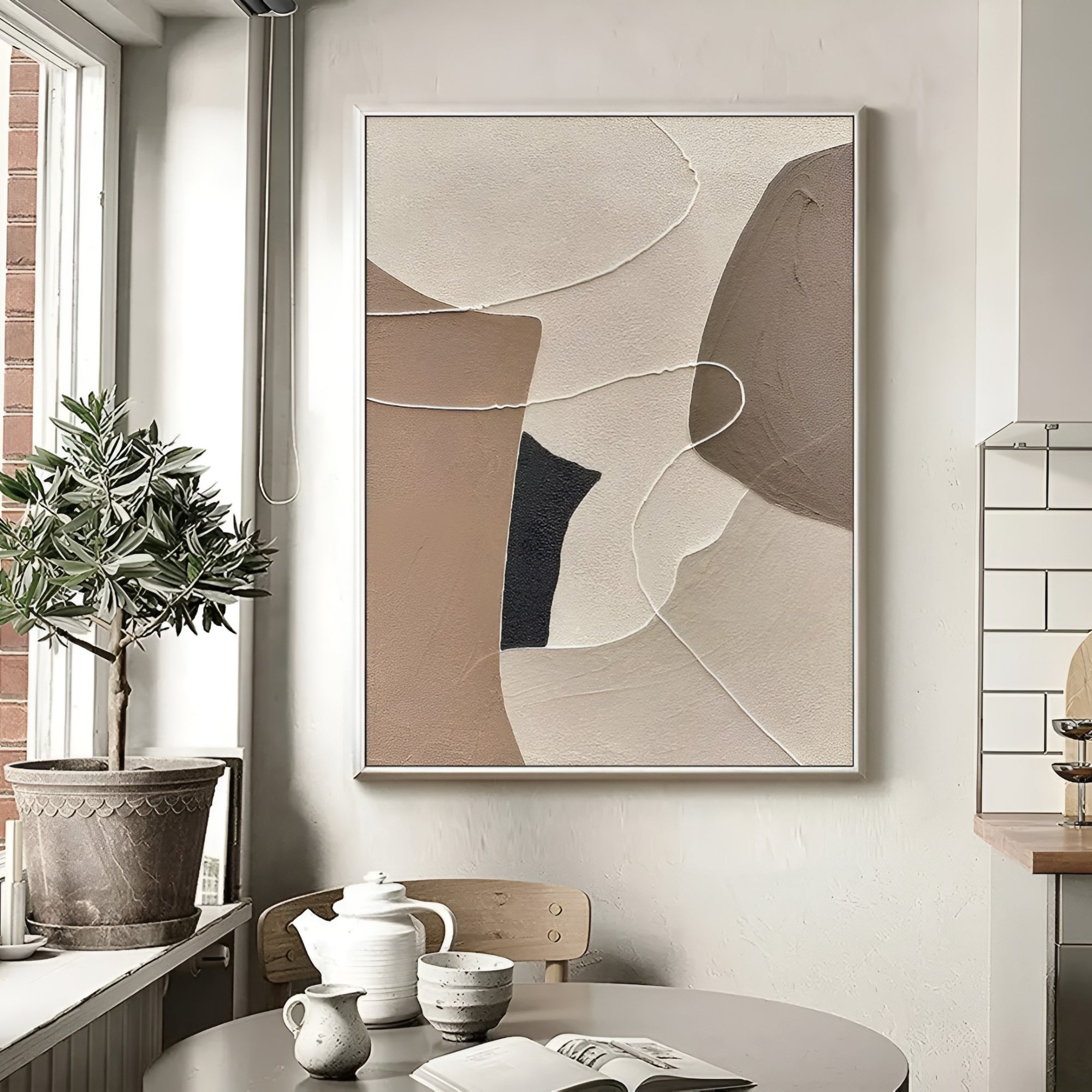 Minimalist abstract textured wall art in earthy tones, featuring organic shapes and intricate line work. Handmade modern decor piece.