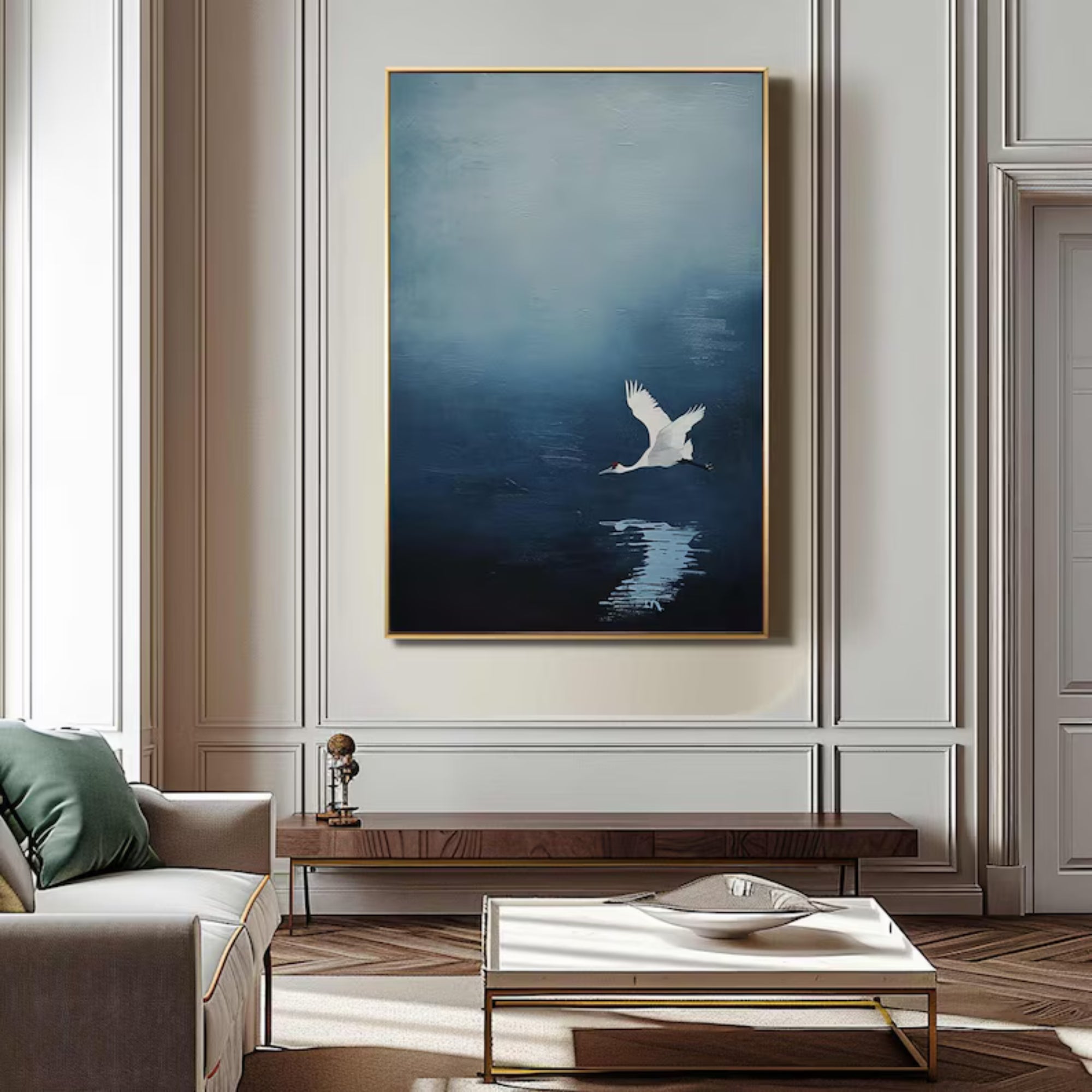 Handmade oil painting capturing a serene swan in motion, designed to elevate cozy reading corners or guest rooms.