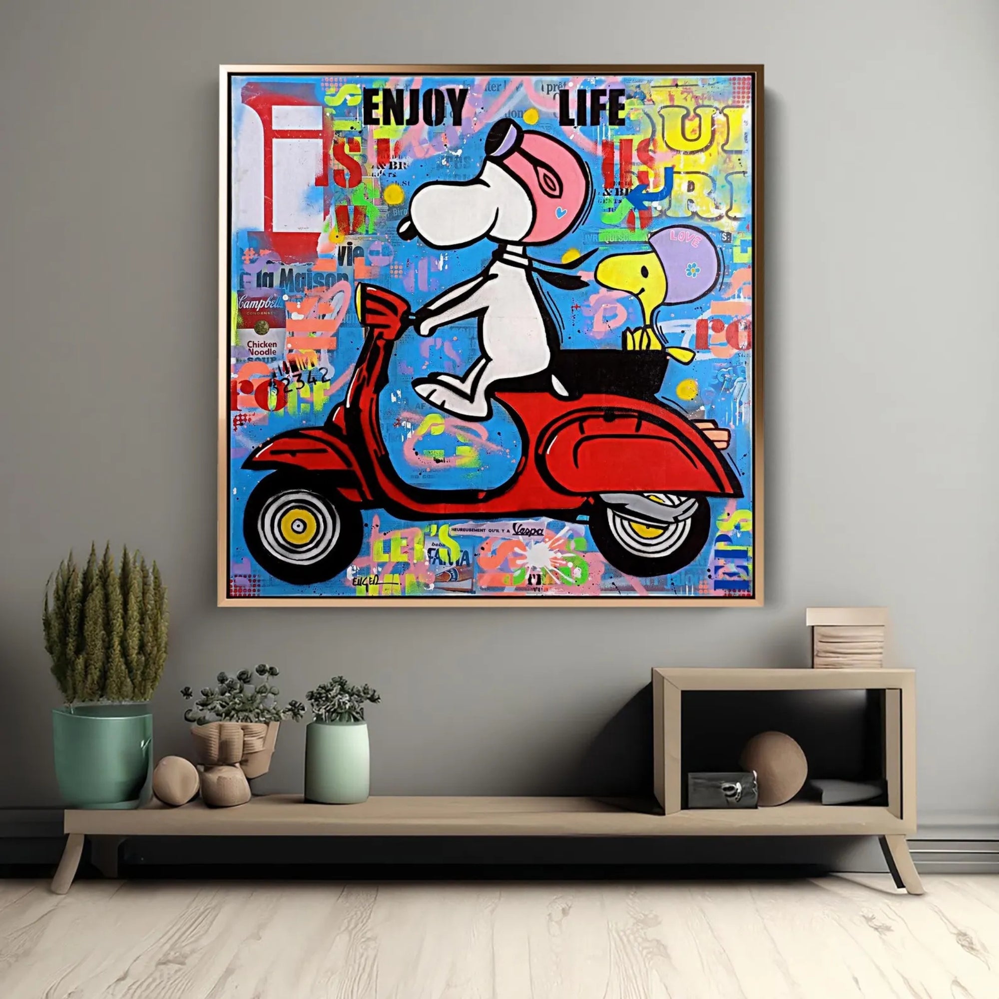 Snoopy and Woodstock riding a red scooter, colorful street art painting with a joyful retro vibe.