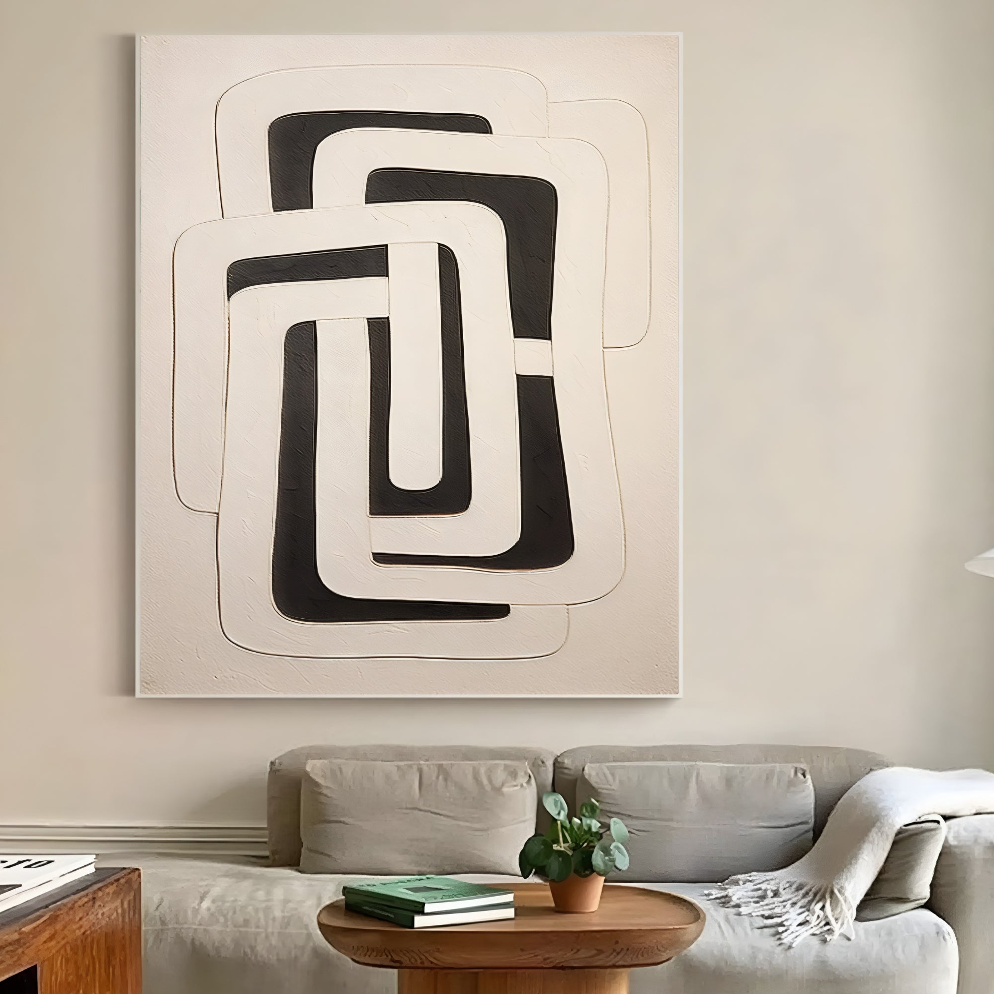 Hand-painted textured artwork with interlocking shapes – perfect for contemporary home decor.