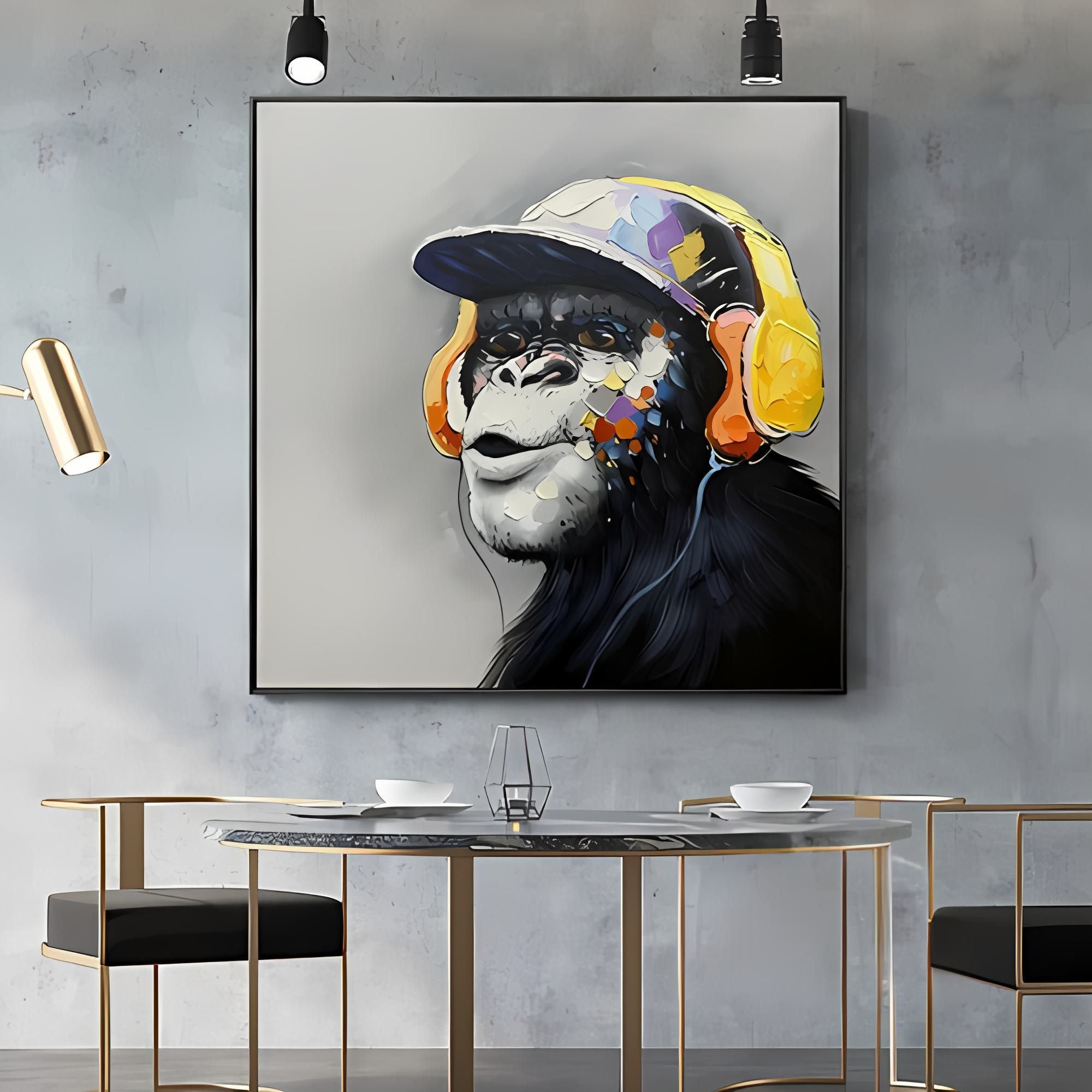 Colorful gorilla painting in headphones, perfect for modern office or lounge wall decor, hand-painted with oil.