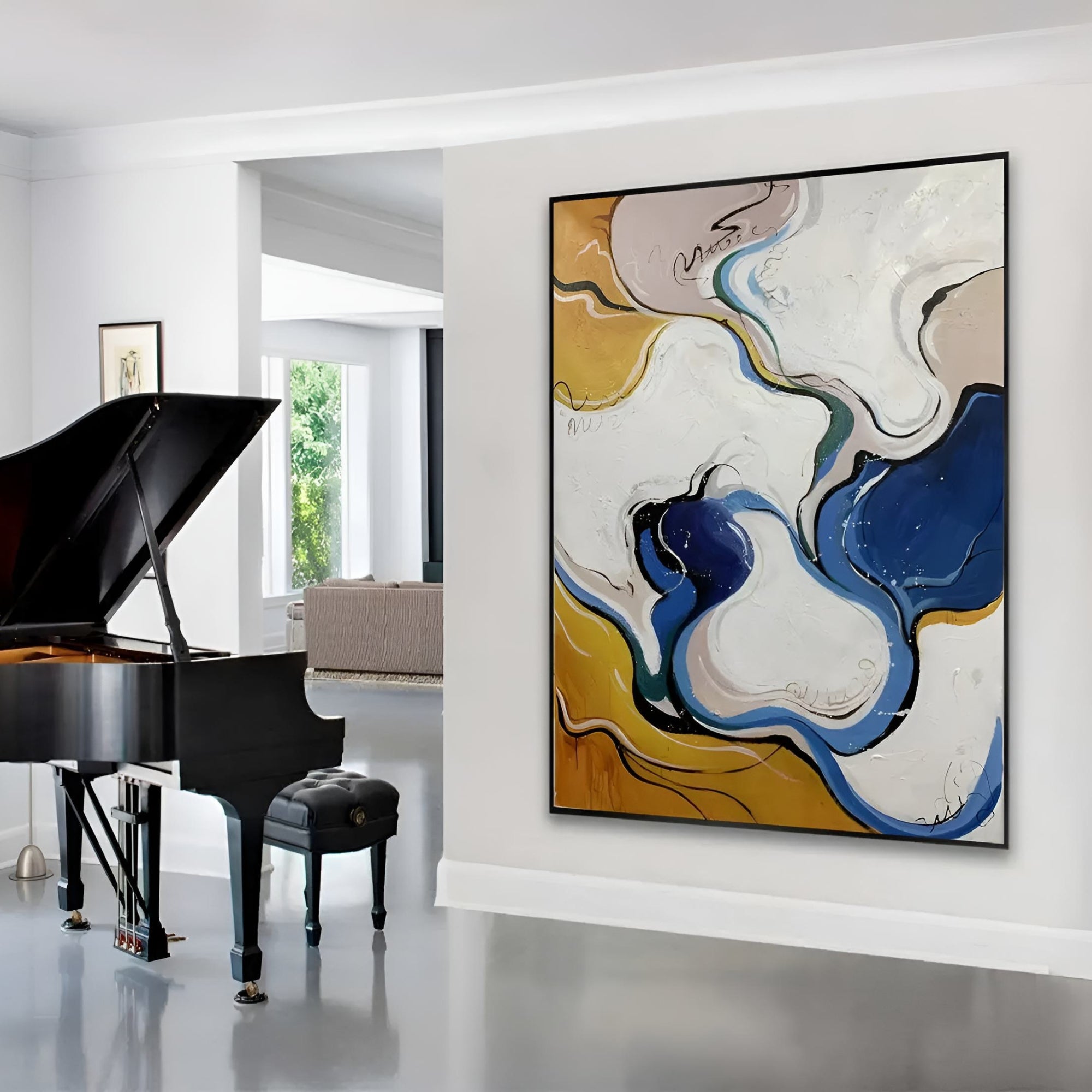 Vibrant abstract handmade oil painting in blue, gold, and white tones, fitting for contemporary homes or conference rooms.