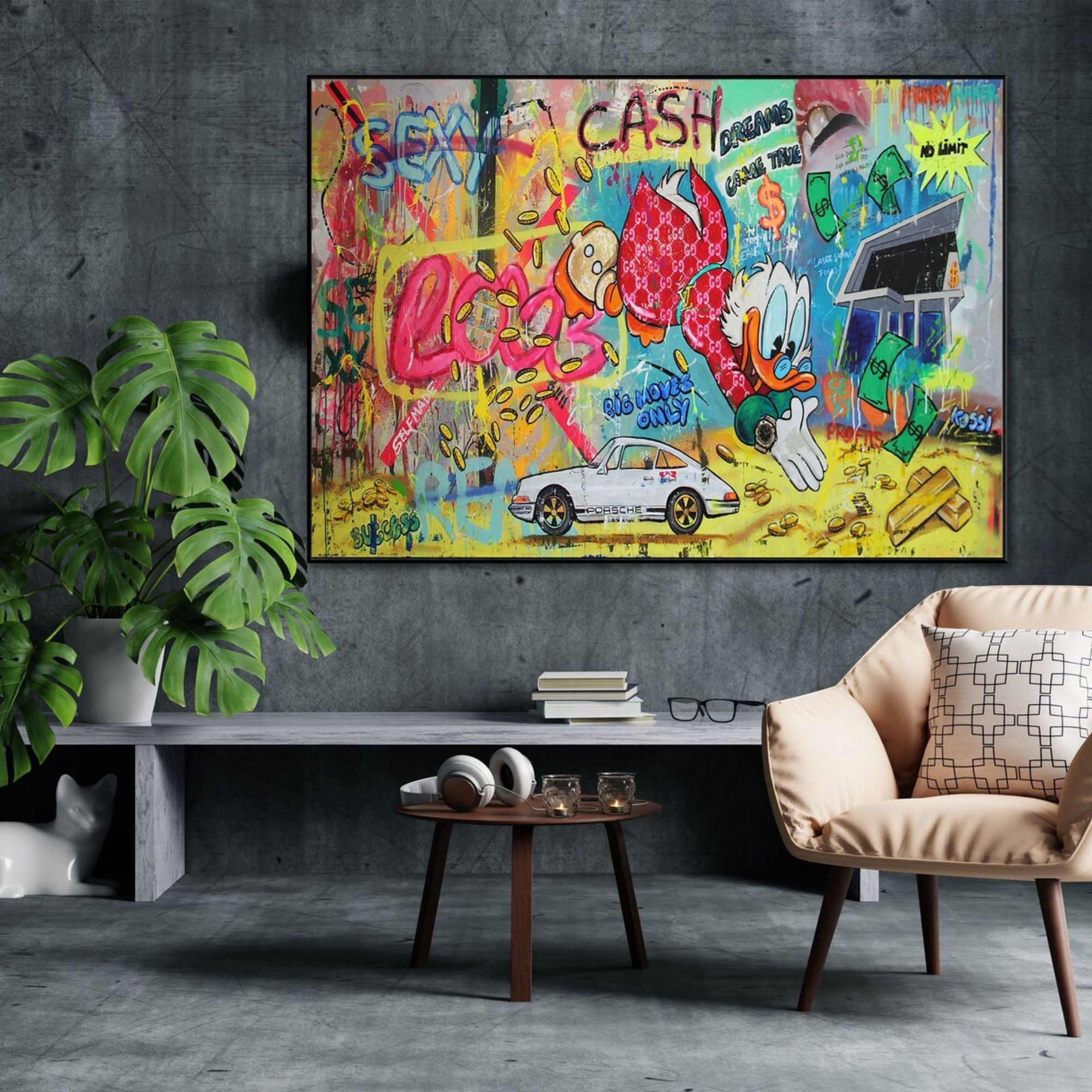 A dynamic and playful mural with luxury themes, featuring rich colors, bold lettering, and an animated character surrounded by money and status symbols. Ideal for art lovers who enjoy contemporary and street art aesthetics.