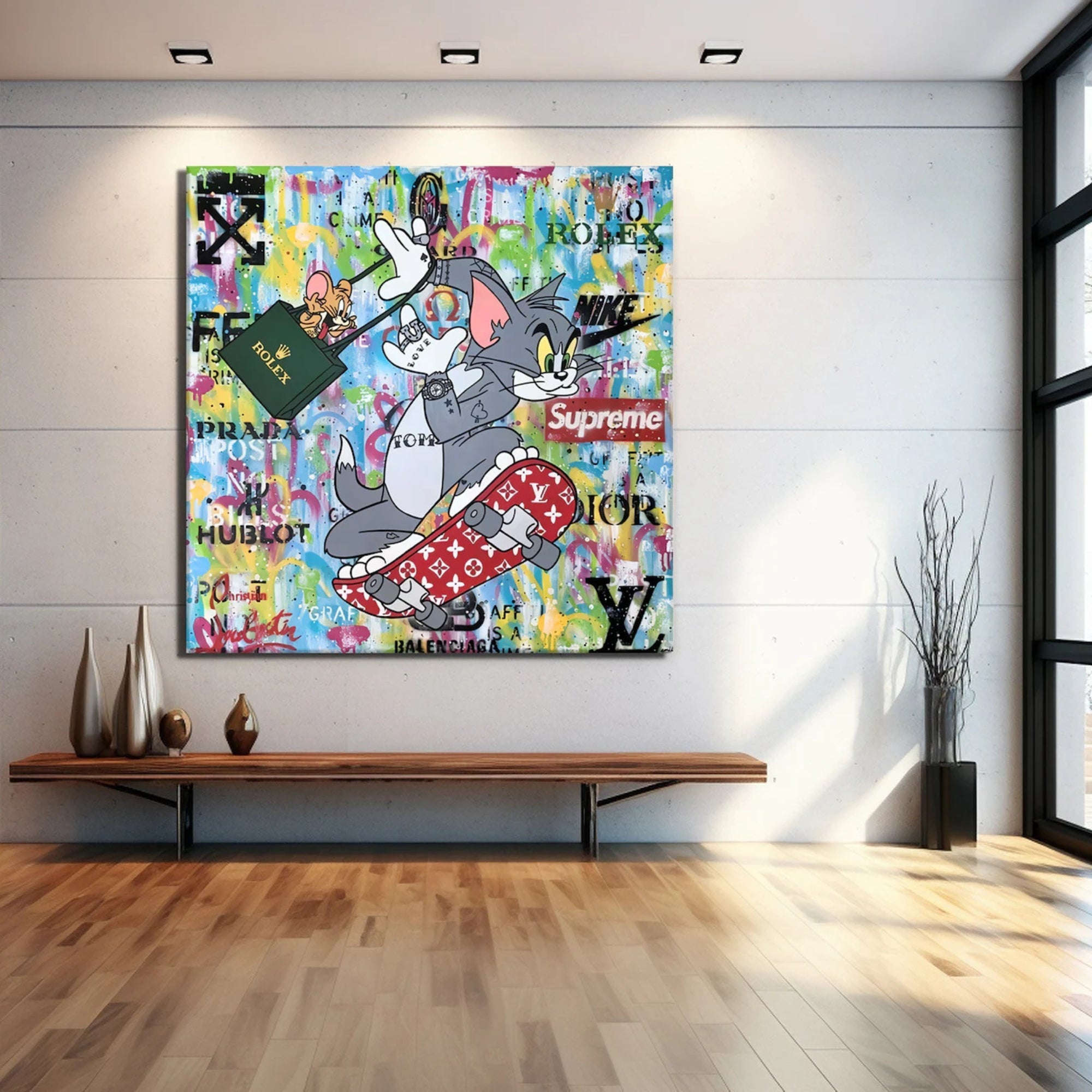 Tom and Jerry luxury graffiti painting – vibrant pop art with street-style branding, Rolex bag, and a designer skateboard.