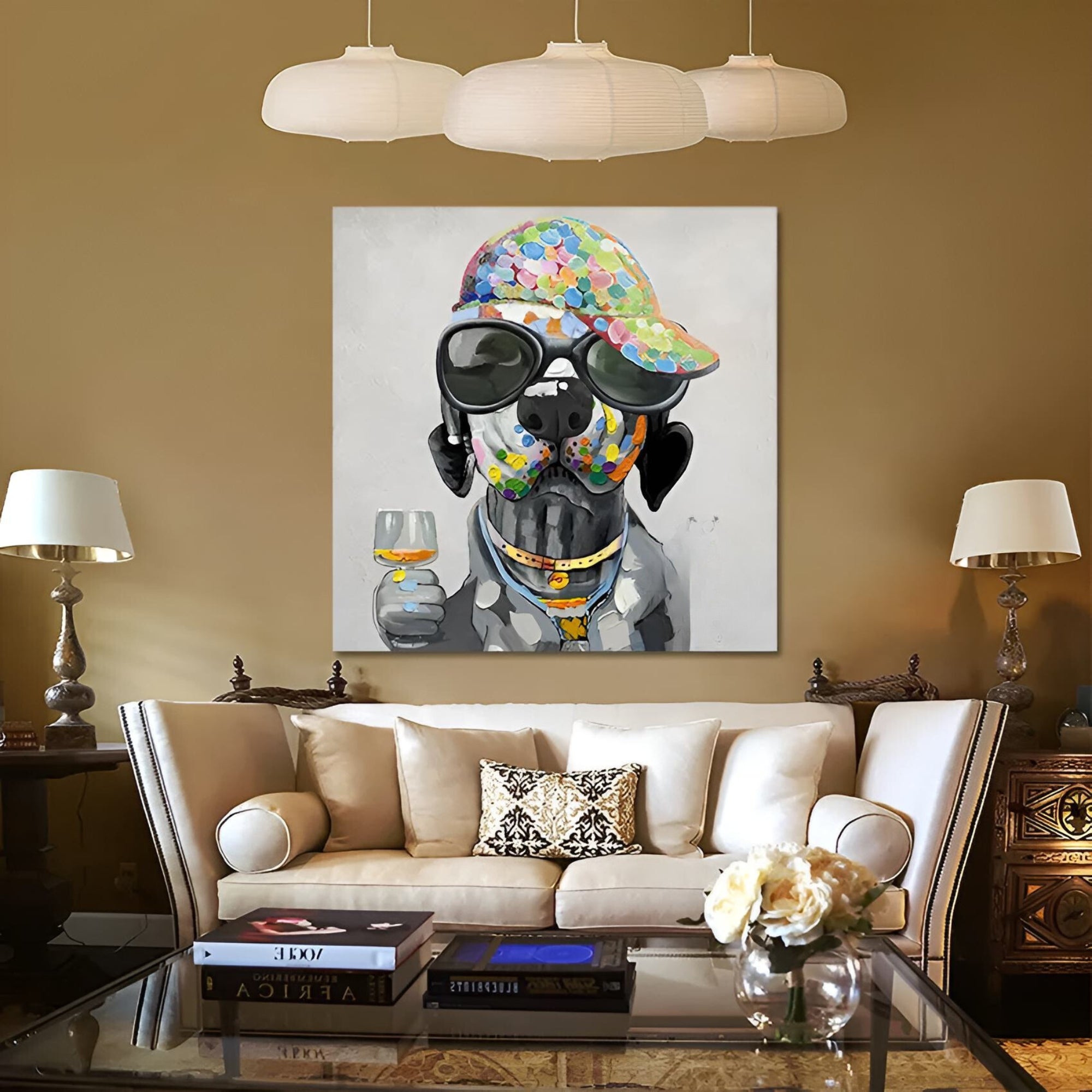 Handmade oil painting of a funky dog character, a bold addition to art-themed cafés, modern kitchens, or home studios.