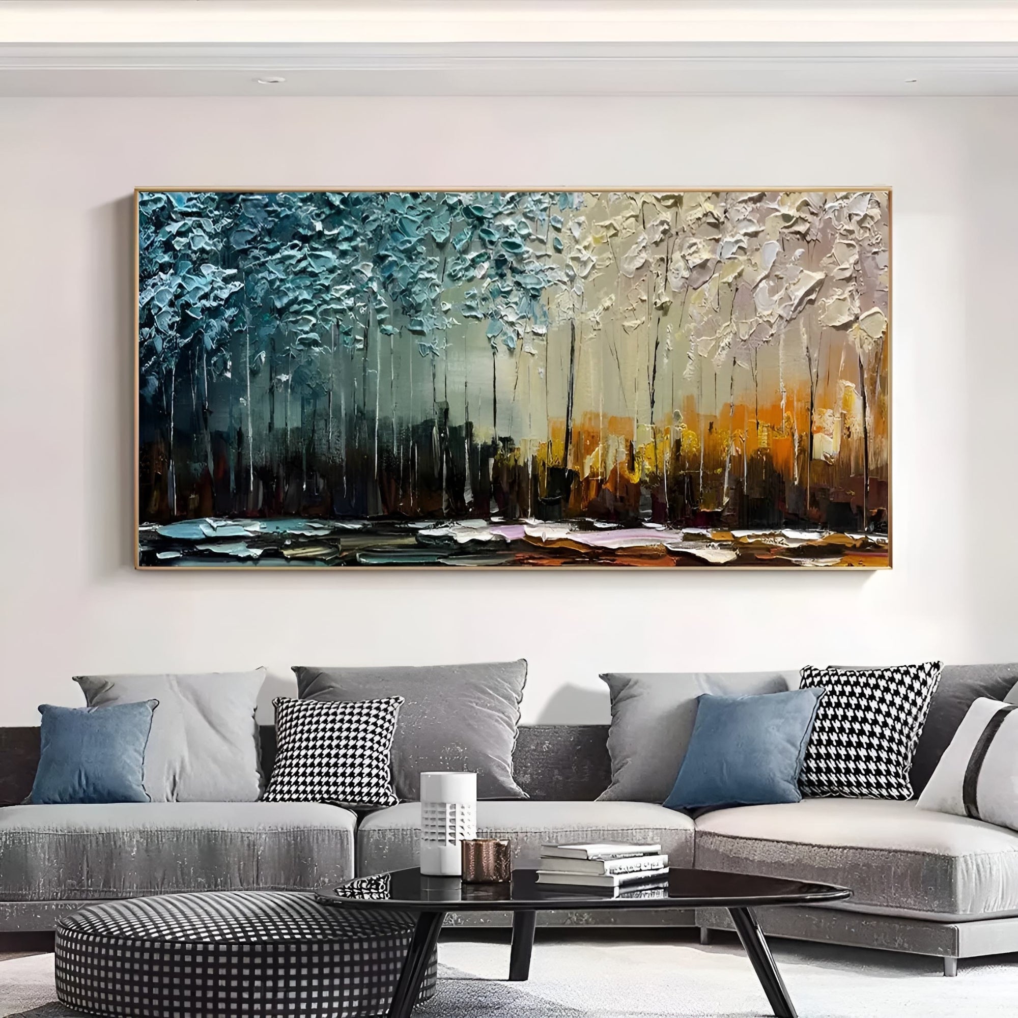 Handmade oil painting ideal for modern living rooms seeking depth and vibrant natural tones.