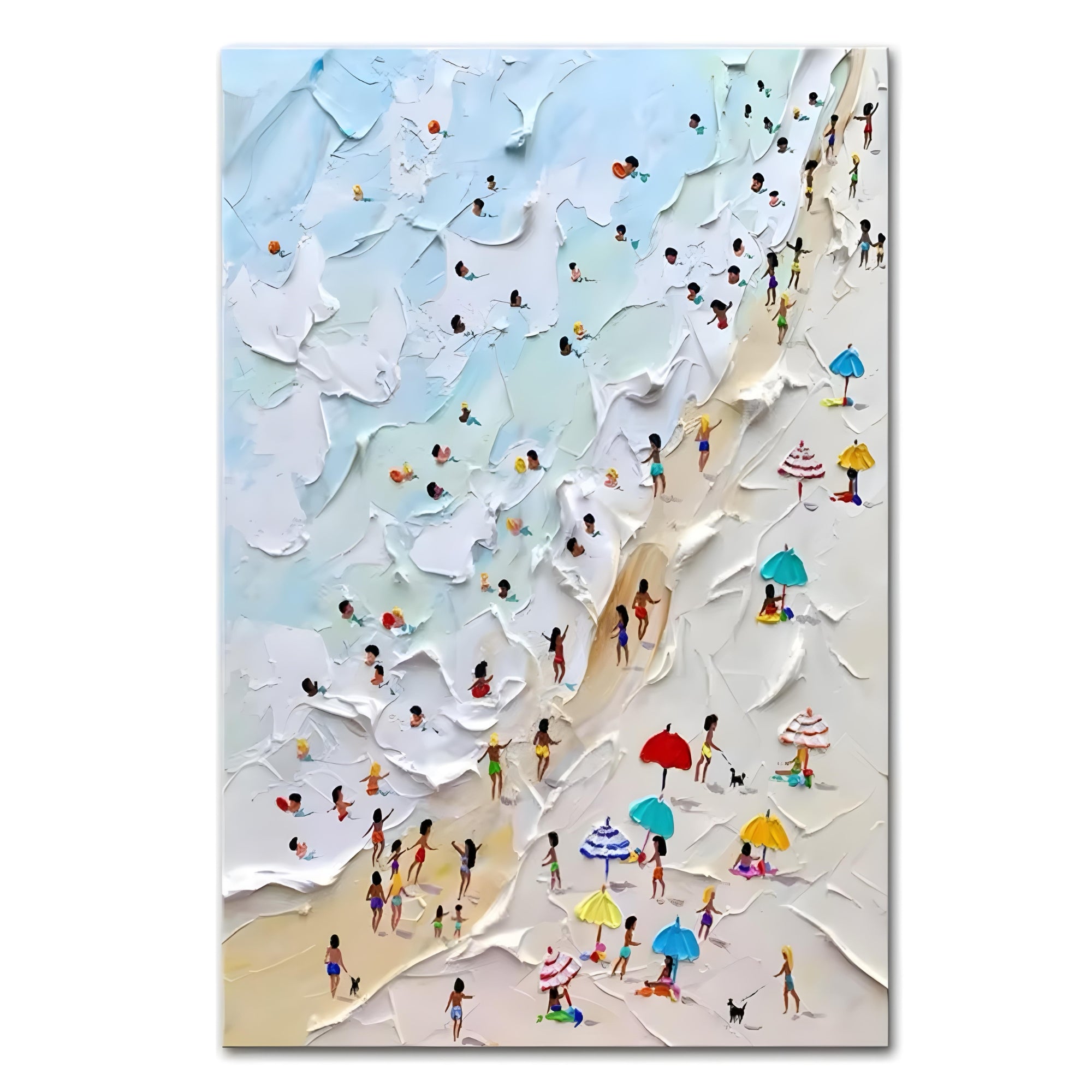 Close-up of handmade oil painting showing textured waves and colorful umbrellas, ideal for art studios, coastal homes, or cafés