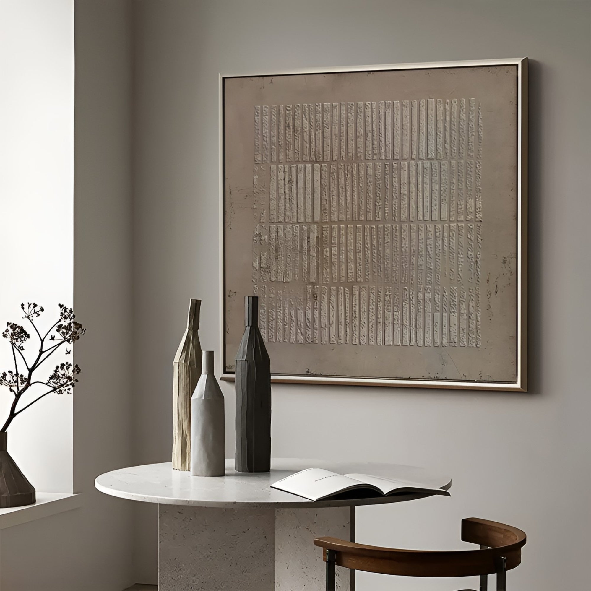 Large neutral-toned oil painting with intricate texture, adding elegance and warmth to living room spaces