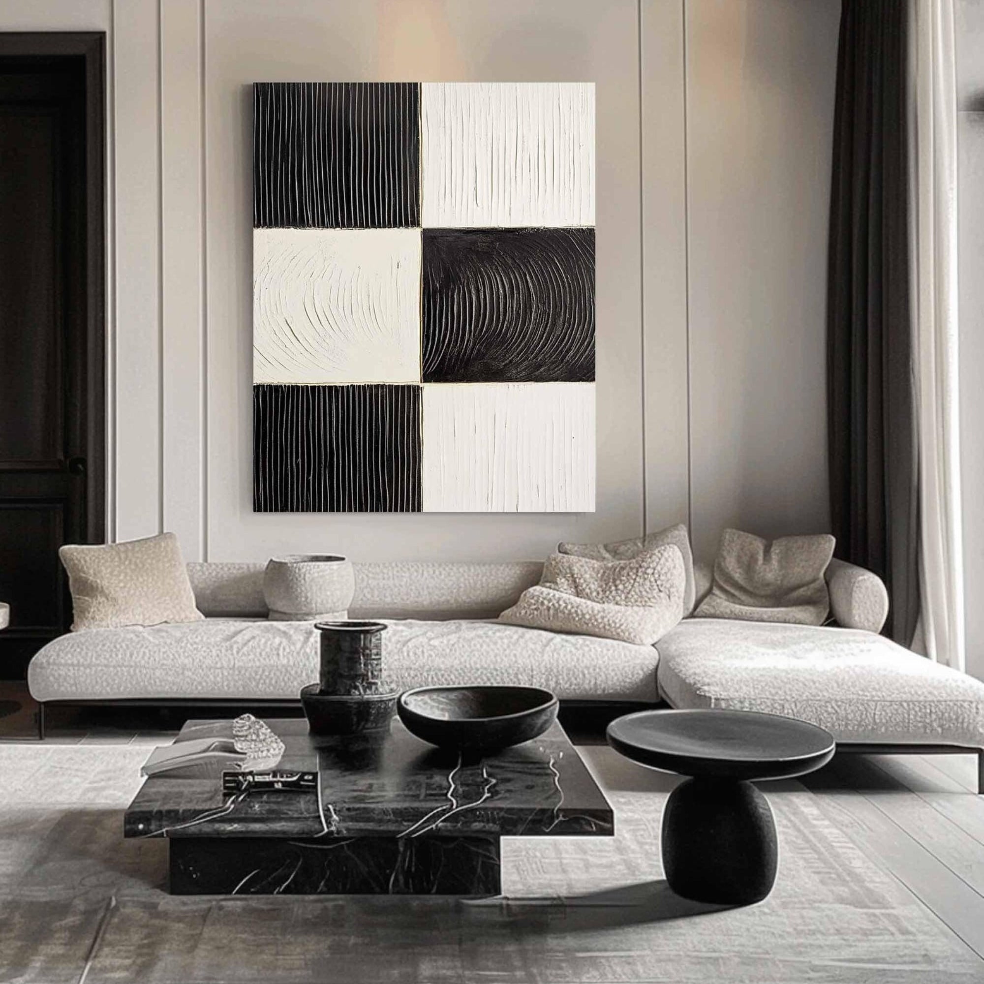 Modern black and cream tactile painting with swirl and stripe textures – A statement piece that complements minimalist, mid-century modern, or natural wood-themed rooms.