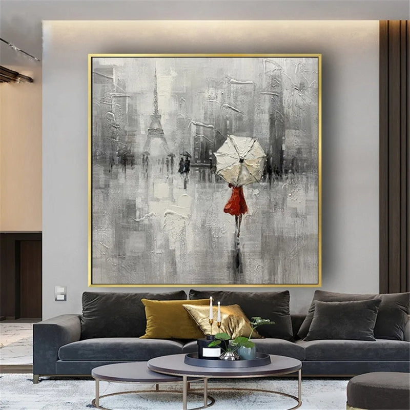 Handmade oil painting capturing a foggy Paris stroll, beautiful for bedrooms or stylish home interiors.