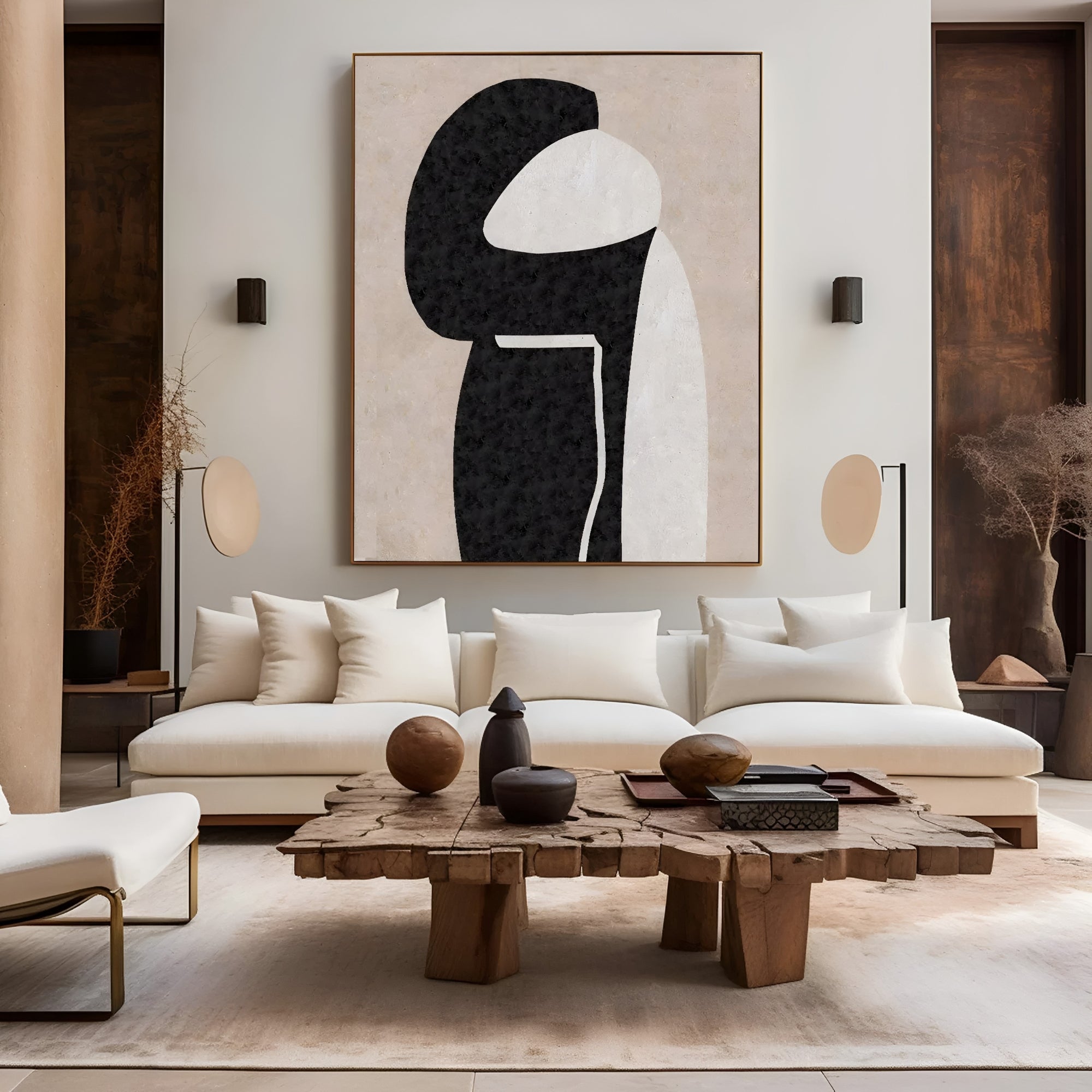 Minimalist black and white abstract oil painting in a modern interior – Handmade textured artwork inspired by Wabi Sabi aesthetics.