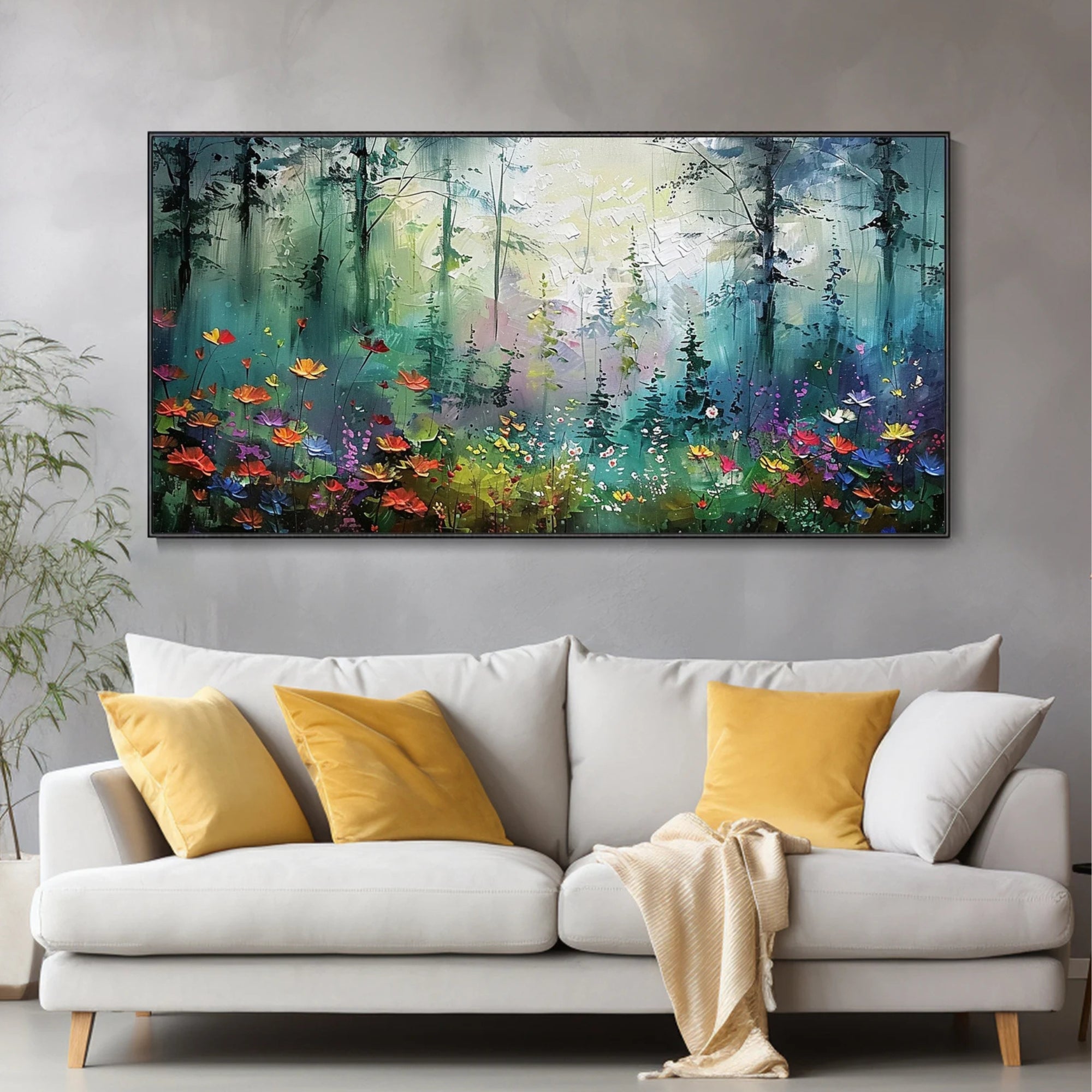 Dreamy forest artwork featuring tall pine trees and a field of vibrant flowers, perfectly complementing a neutral, elegant living space.