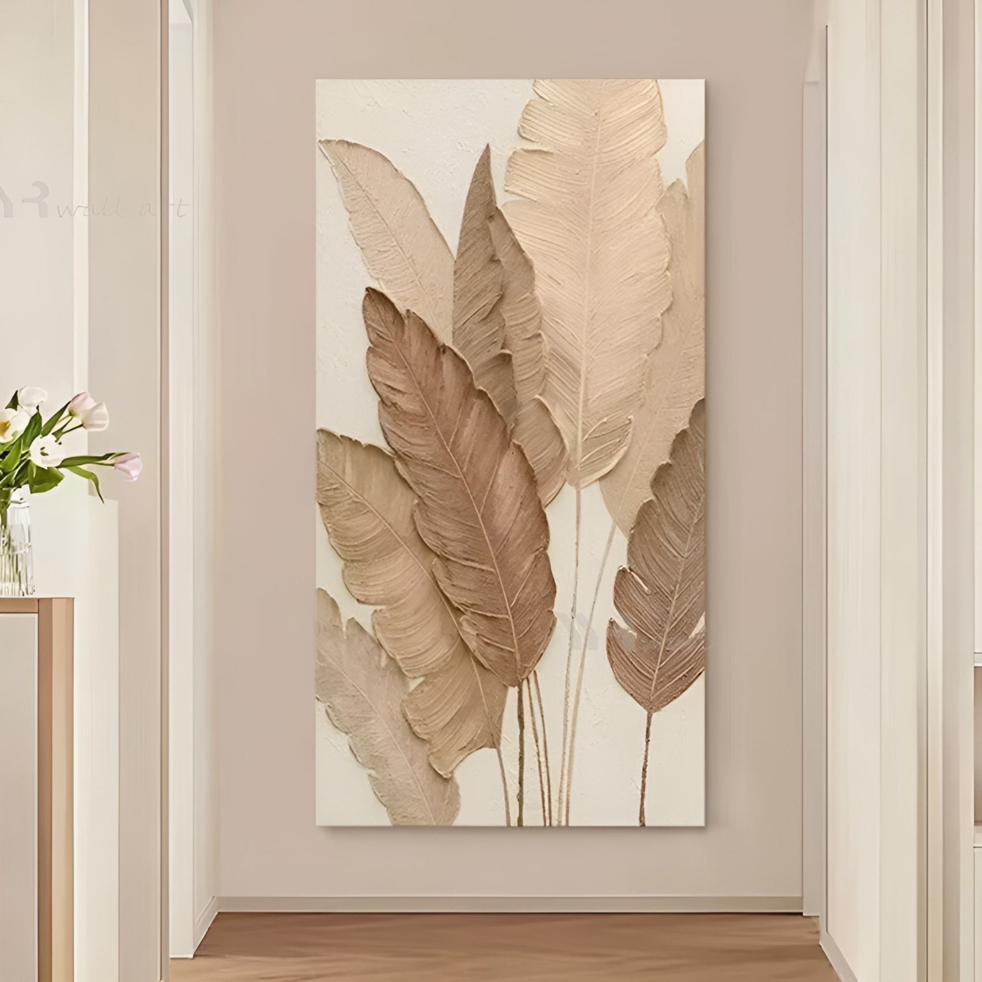 Handmade neutral leaf painting perfect for bedroom or reading nook, brings calming earthy tones and organic balance.