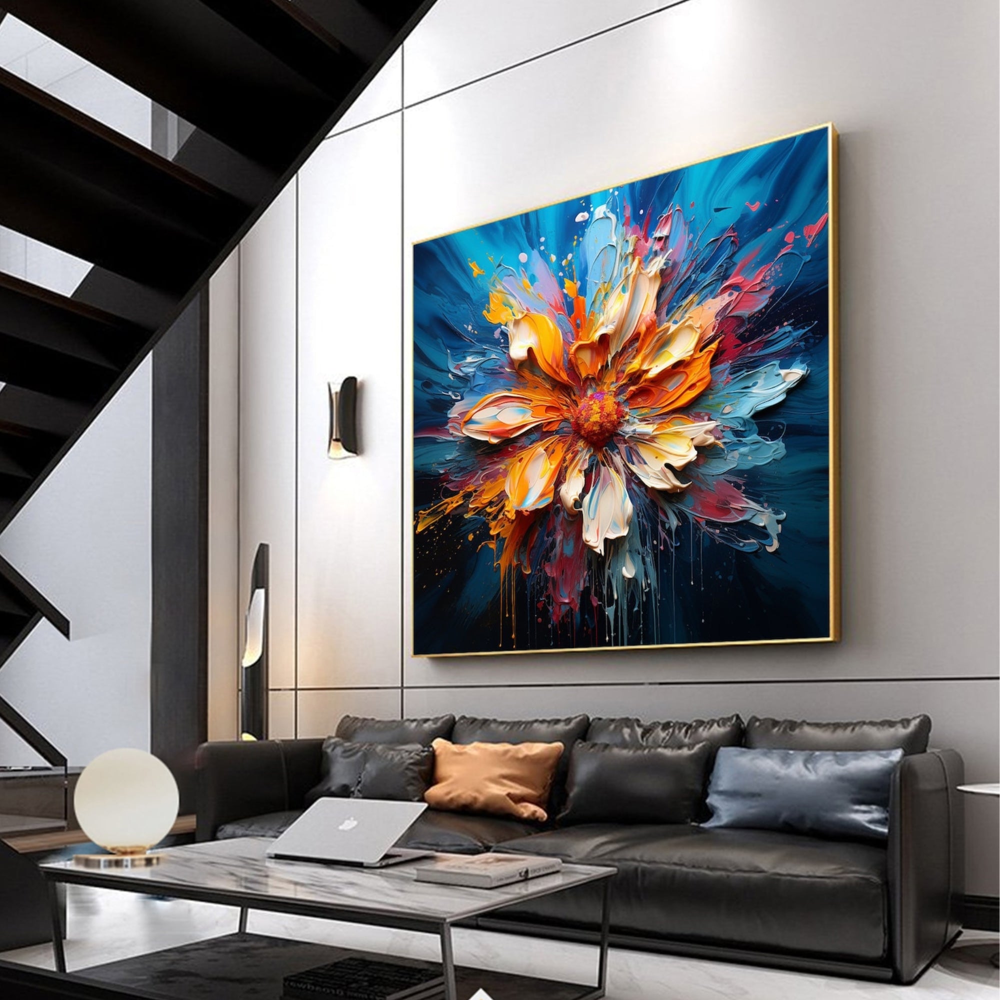 Large statement painting of a radiant flower splash in a minimalist, art-forward home setting.