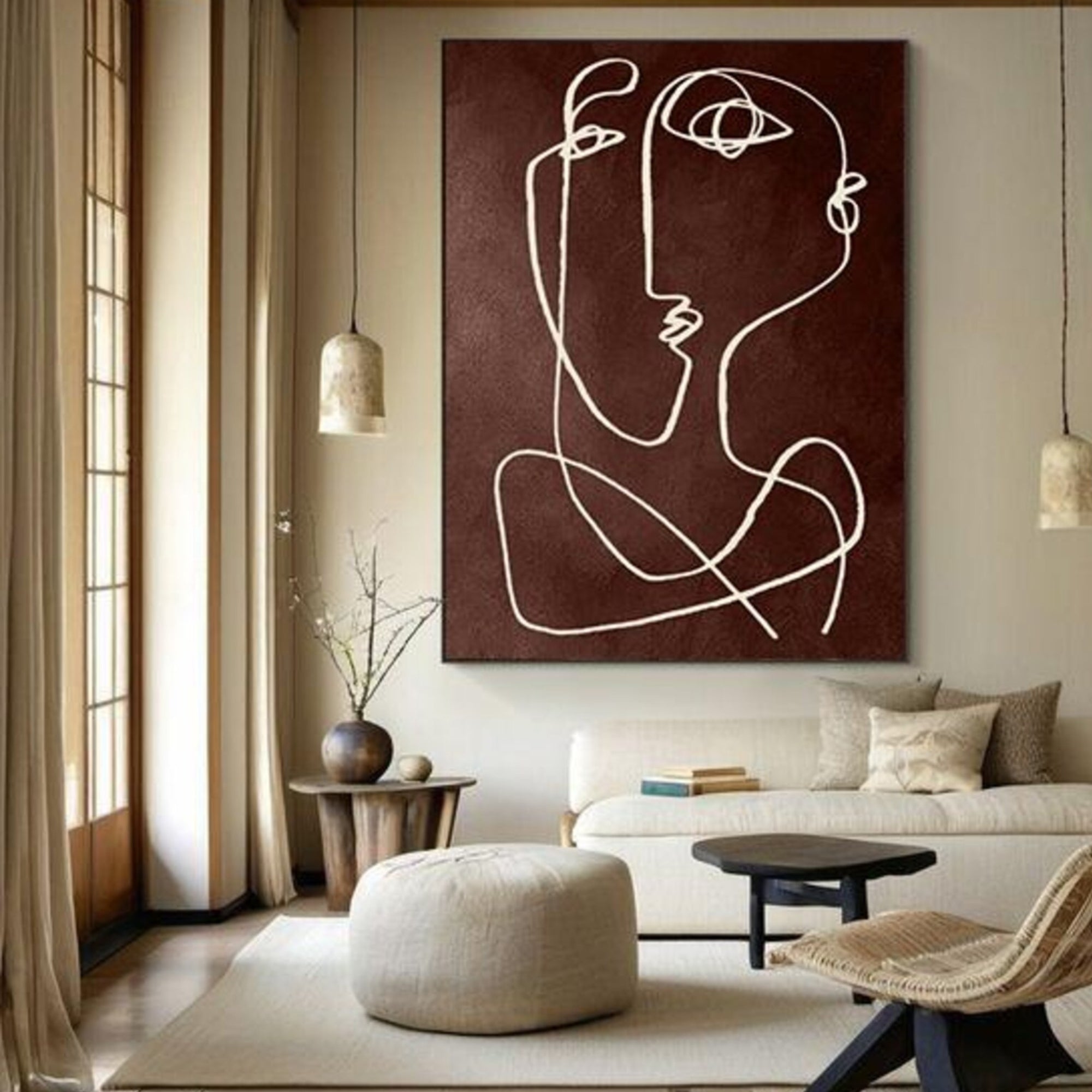 Neutral-toned face line oil painting, great for lounge areas or art-inspired apartment decor