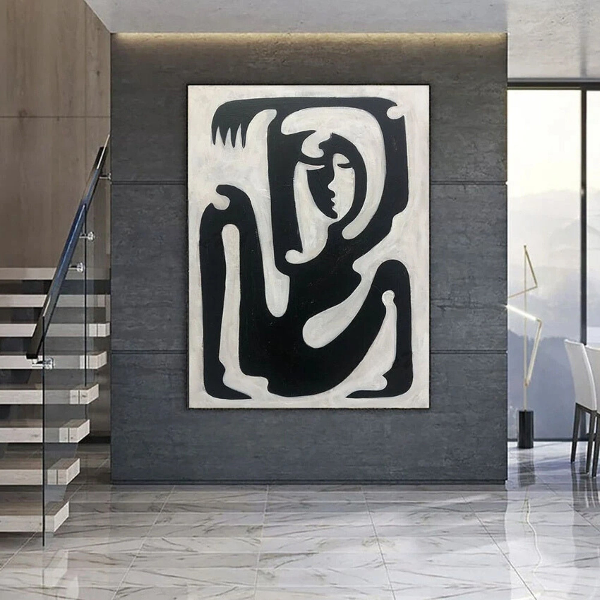 Handmade large abstract painting in black and white, perfect for accent walls in urban or minimalist homes.