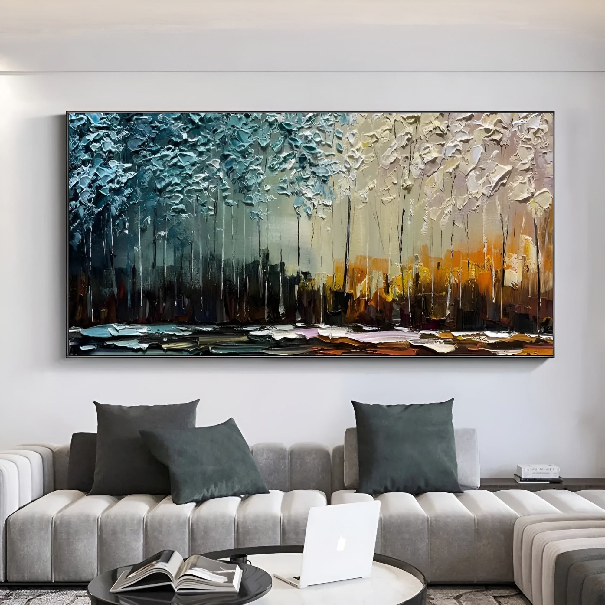 Add warmth to home libraries or lounges with this textured forest oil painting.