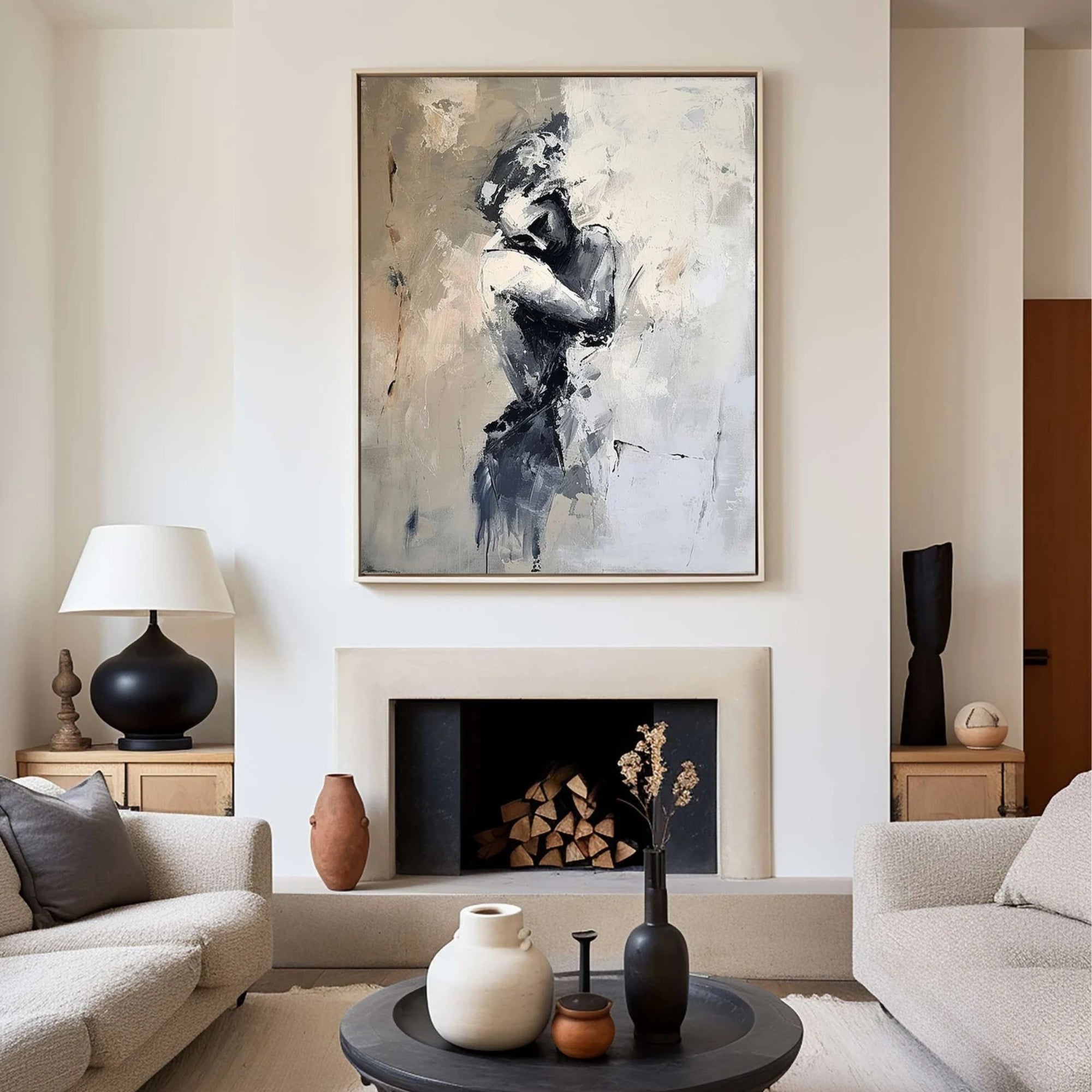 Expressive brushstroke artwork of an intimate pose, creating a focal point in a chic and moody corridor.